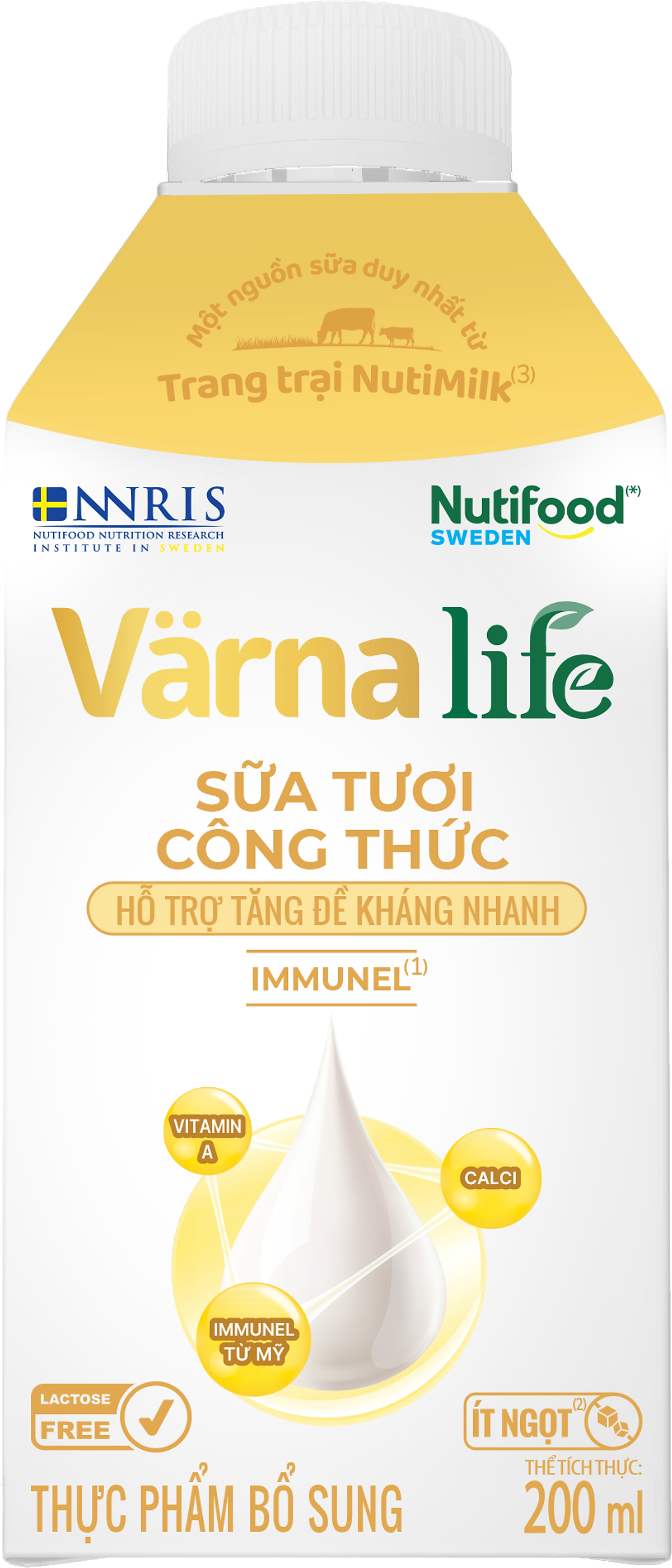 Thùng Thực phẩm bổ sung Värna Life sữa tươi công thức (Vàng) (12 hộp x 200ml)