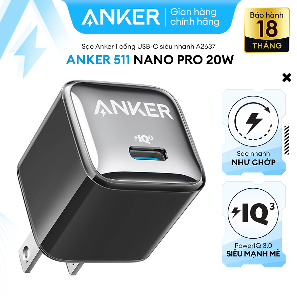 Mua Sạc ANKER 511 Nano Pro 20W A2637 1 cổng USB-C PiQ  tương thích PD -  A2637 - Hỗ trợ sạc nhanh 20W cho iPhone 13 trở lên. - Đen tại ANKER  OFFICIAL STORE