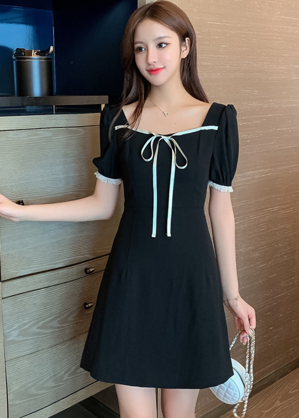Đầm Ngắn Dễ Thương Nơ Trắng Và Viền Tay DN087 MayHomes Kiểu Dáng Thời Trang