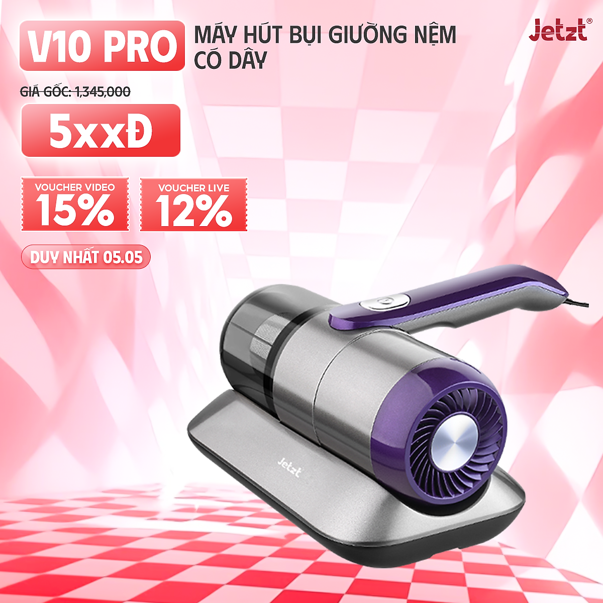 Máy hút bụi giường nệm diệt khuẩn UV Jetzt V10 Pro cầm tay có dây, hàng chính hãng