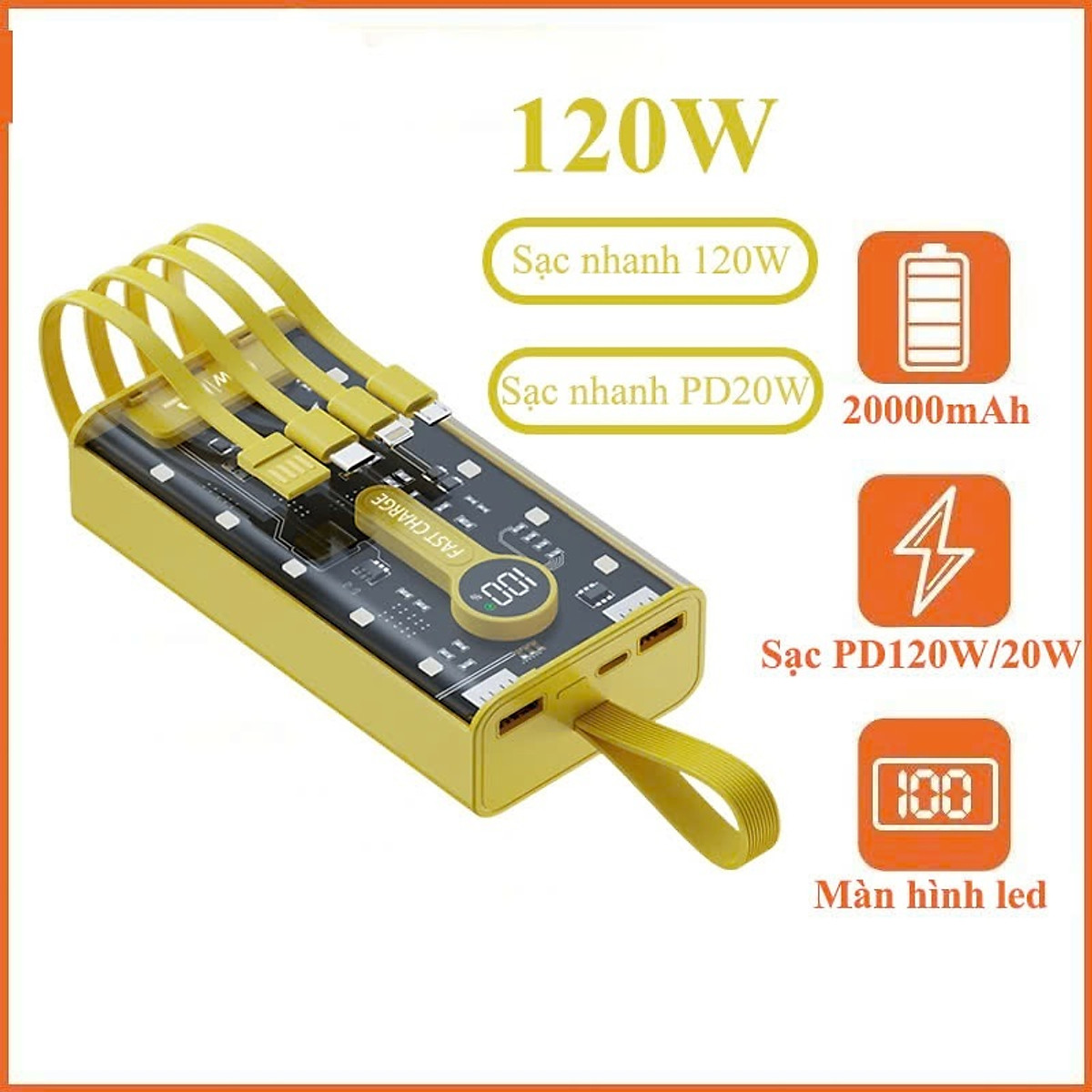 Sạc Dự Phòng trong suốt 30000mAh - sạc siêu nhanh, tích hợp 4 cáp, 2 cổng usb, sạc cùng lúc nhiều điện thoại - Hàng chính hãng