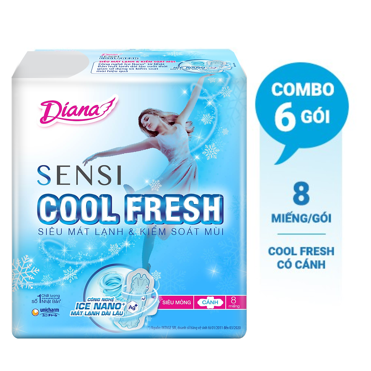 Bộ 6 Gói Băng Vệ Sinh Diana SenSi Cool Fresh Siêu Mỏng Cánh (8 Miếng/Gói)