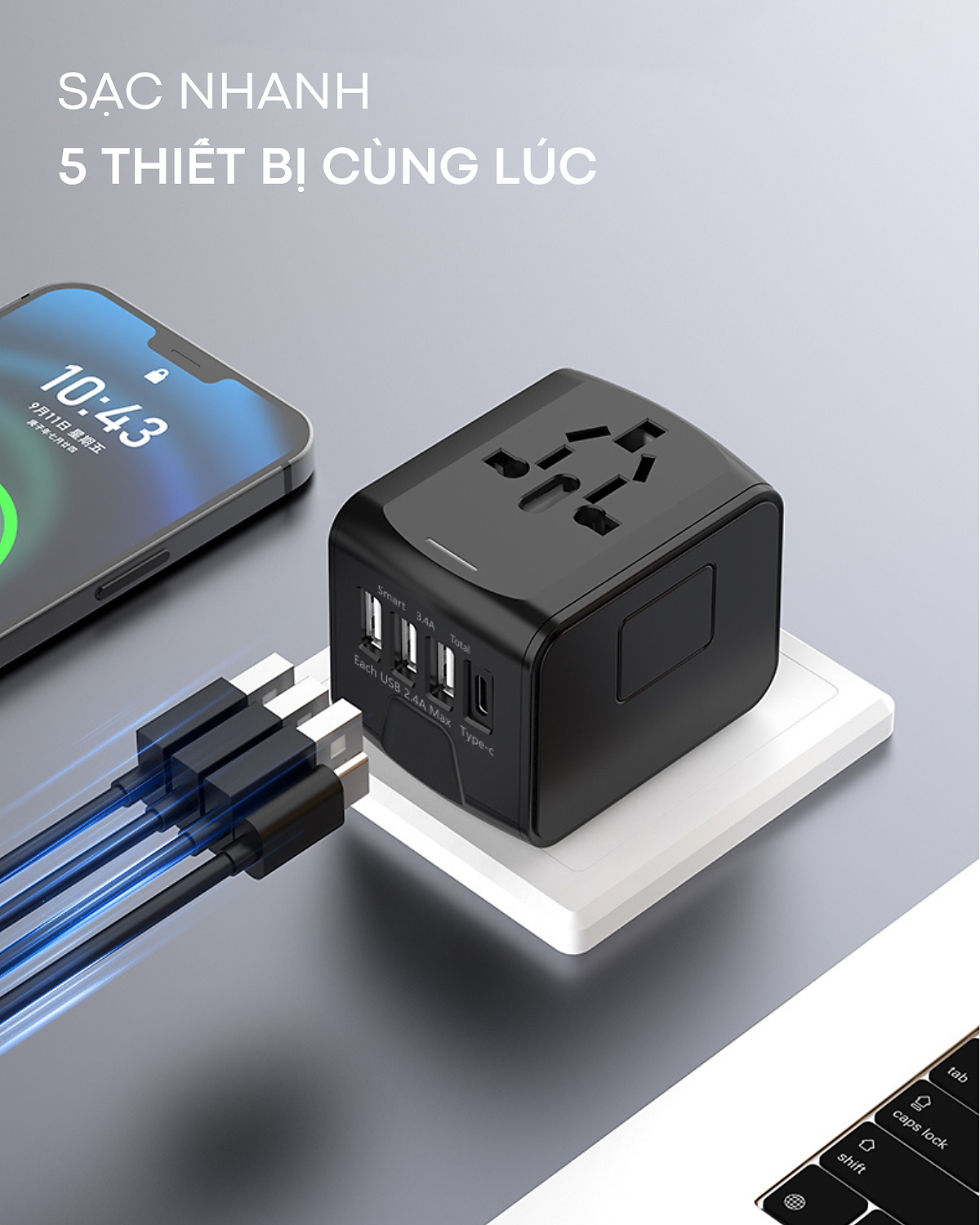 Ổ Cắm Điện Du Lịch Quốc Tế Đa Năng Tích Hợp 3 Cổng USB-A 1 Cổng USB C. Chất Liệu Nhựa PC Chống Cháy Phù Hợp Với Hơn 150 Nước. Hàng Chính Hãng Tamayoko