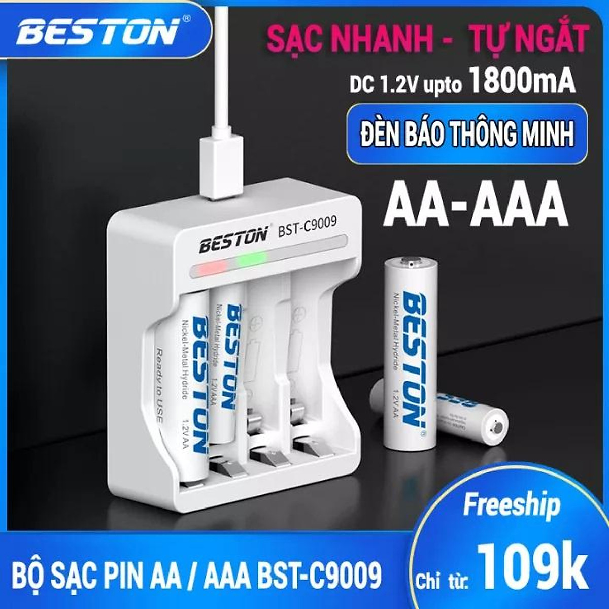 Bộ Sạc Pin AA, AAA Beston Tự ngắt khi đầy Sạc Tốc Độ Cao Có Led báo trạng thái sạc BST-C9009, Pin sạc chính hãng