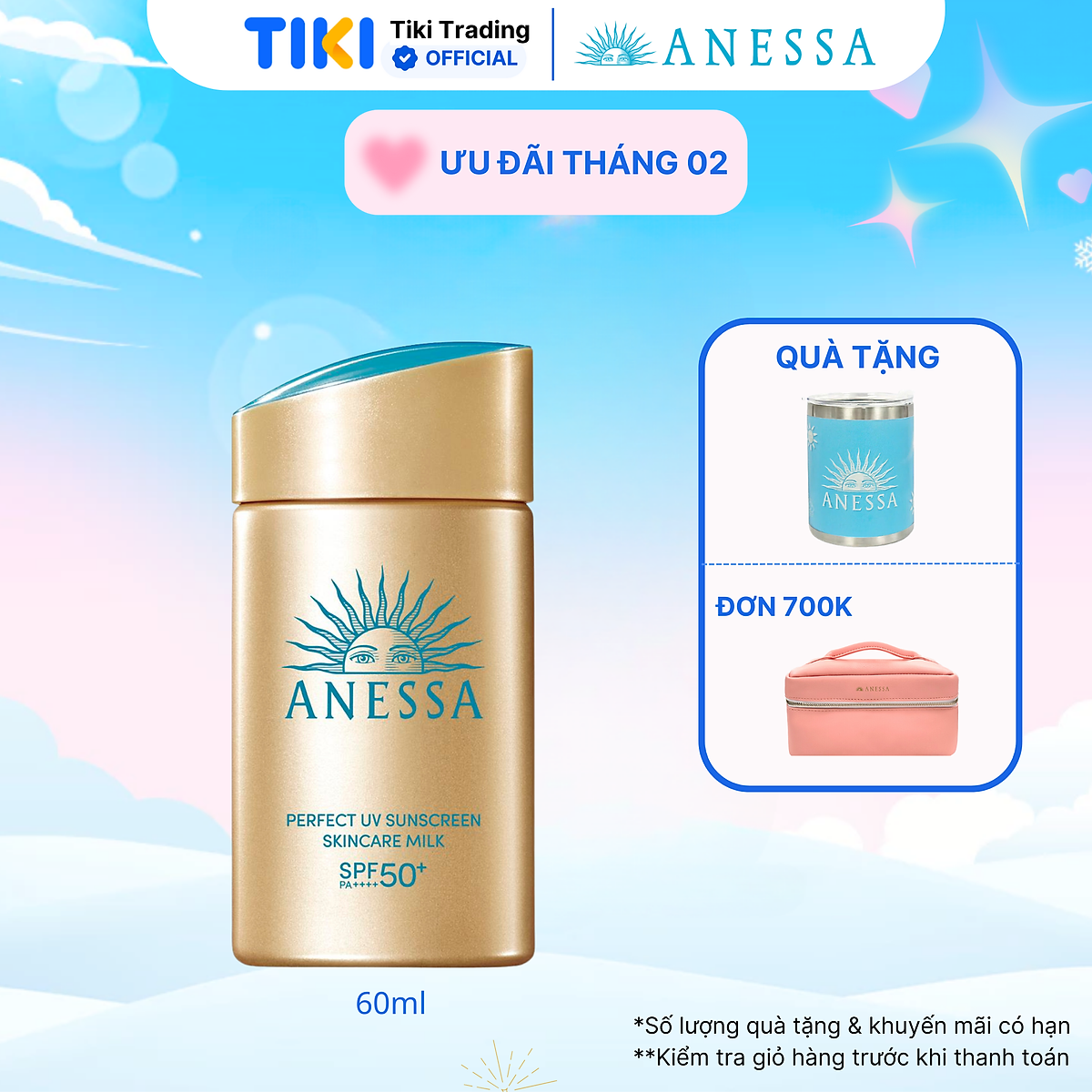Kem chống nắng dạng sữa dưỡng da kiềm dầu bảo vệ hoàn hảo Anessa Perfect UV Sunscreen Skincare Milk SPF 50+ PA++++ 60ml
