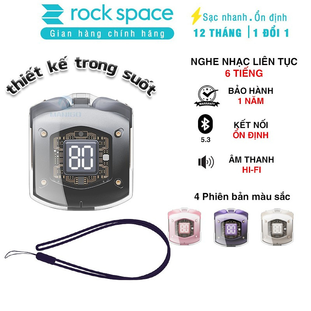 Tai nghe Bluetooth nhét tai không dây TWS Rockspace Air Bubble nghe nhạc lên đến 20h hàng chính hãng bảo hành 12 tháng
