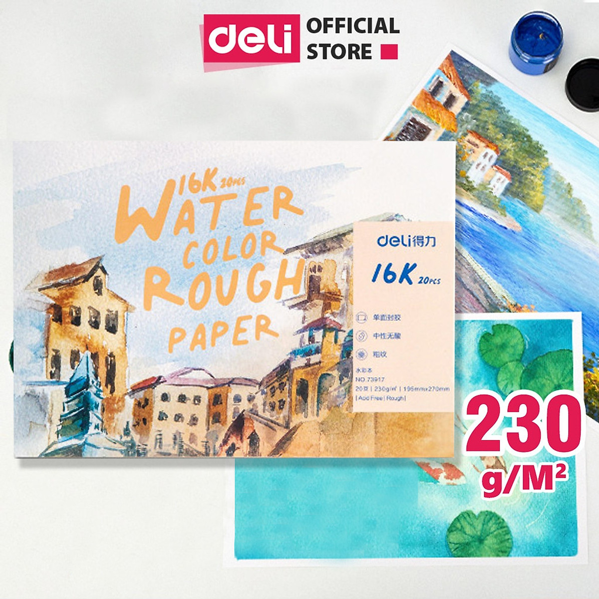 Giấy Vẽ Màu Nước Có Vân 20 Tờ 230gsm Khổ 16K 32K Chuyên Dụng Deli - 73917 / 73918
