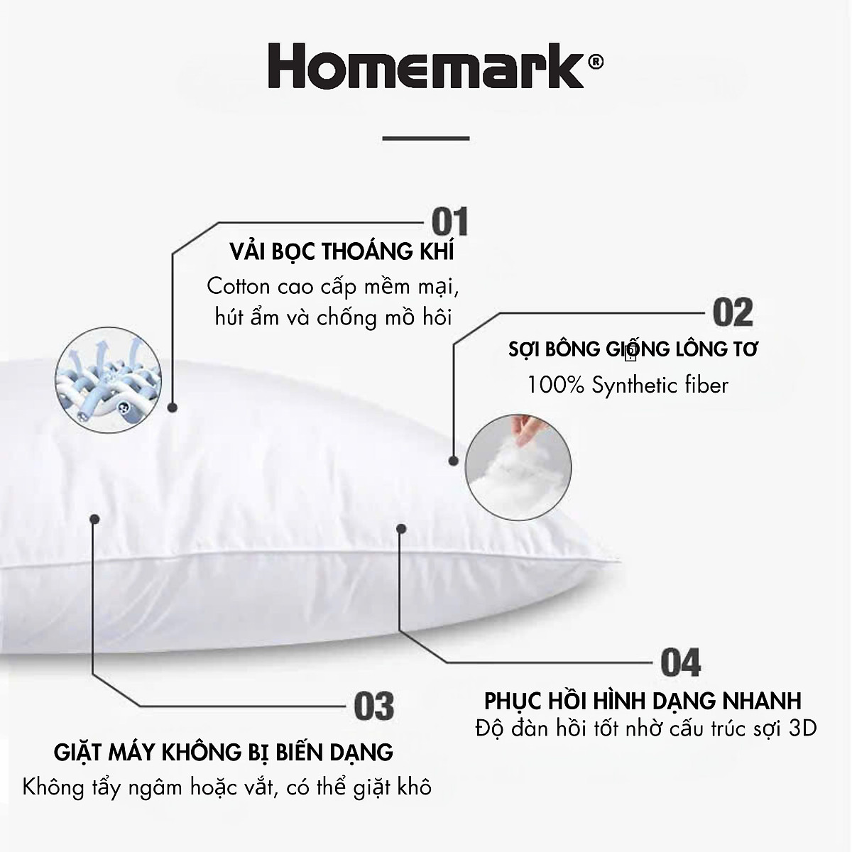 Ruột Gối Microfiber Lông Vũ Nhân Tạo Homemark - Siêu Mềm, Chống Xẹp, Thoáng Khí, Kháng Khuẩn