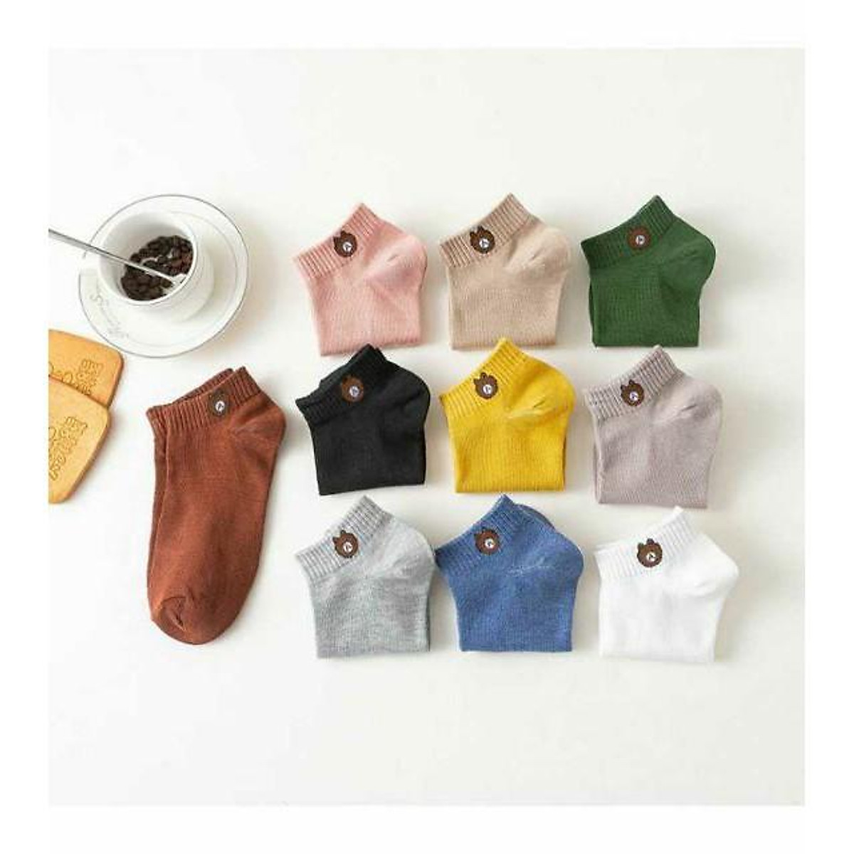 ( Ảnh Thật ) Set 2 Đôi Tất , Vớ Nữ Ulzzang Trơn Cổ Ngắn, Vớ Tất Cổ Thấp Hình Gấu Brown Nhiểu Mầu
