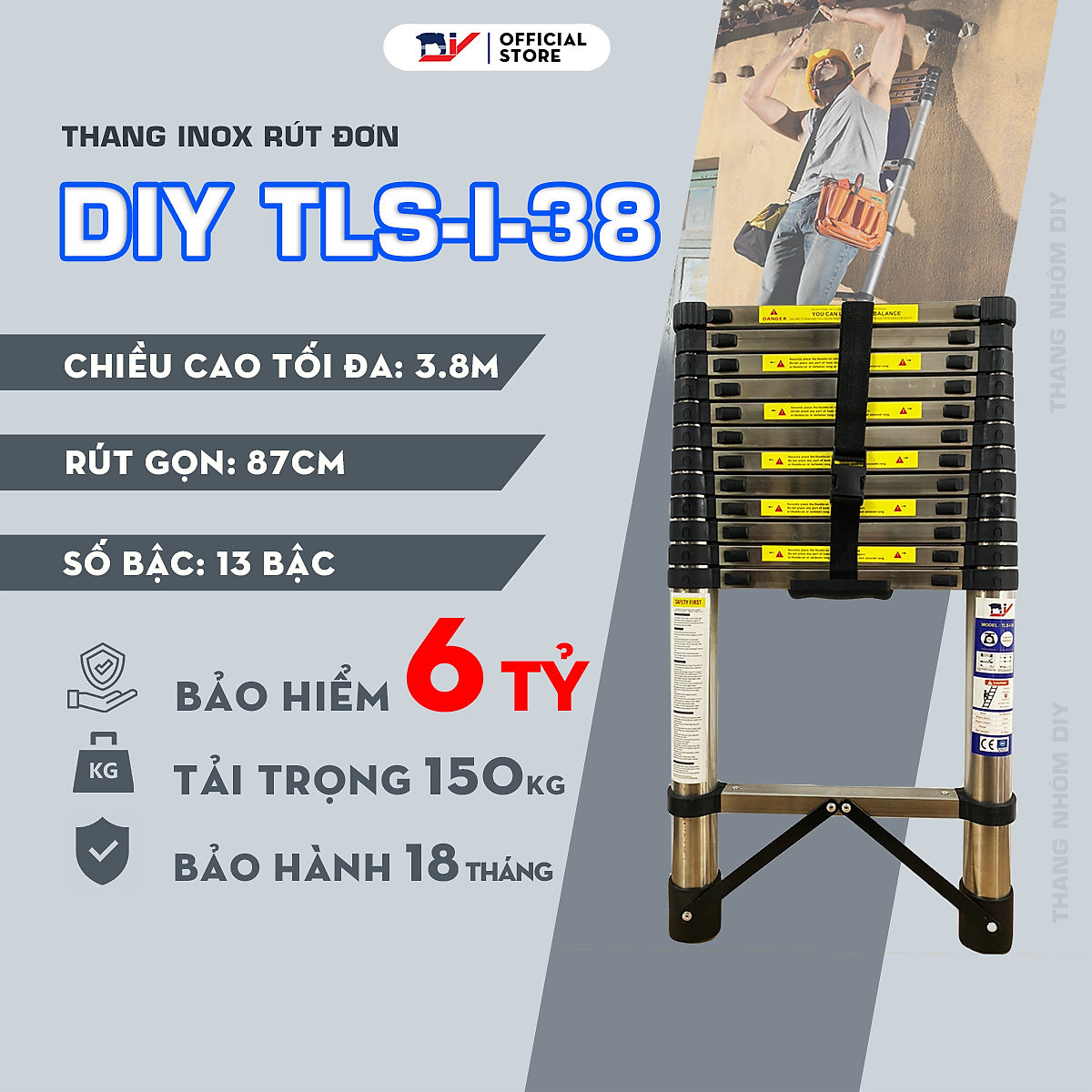 Thang rút đơn inox DIY TLS-I-38 chiều cao sử dụng tối đa 3.8m, tải ...