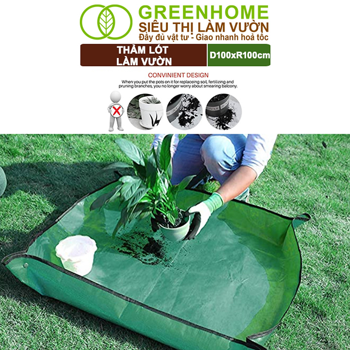 Thảm Lót Làm Vườn Greenhome, D100xR100cm, Trộn Đất, Thay Chậu, Trồng Cây Sạch Sẽ Chống Thấm Nước, Dễ Vệ Sinh, Gấp Gọn