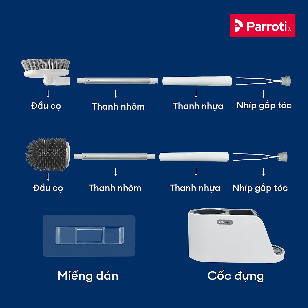 Cọ bồn cầu silicon, cọ toilet nhà vệ sinh 2 trong 1, có thể treo tường và cây gắp tóc Parroti Silicon SL02