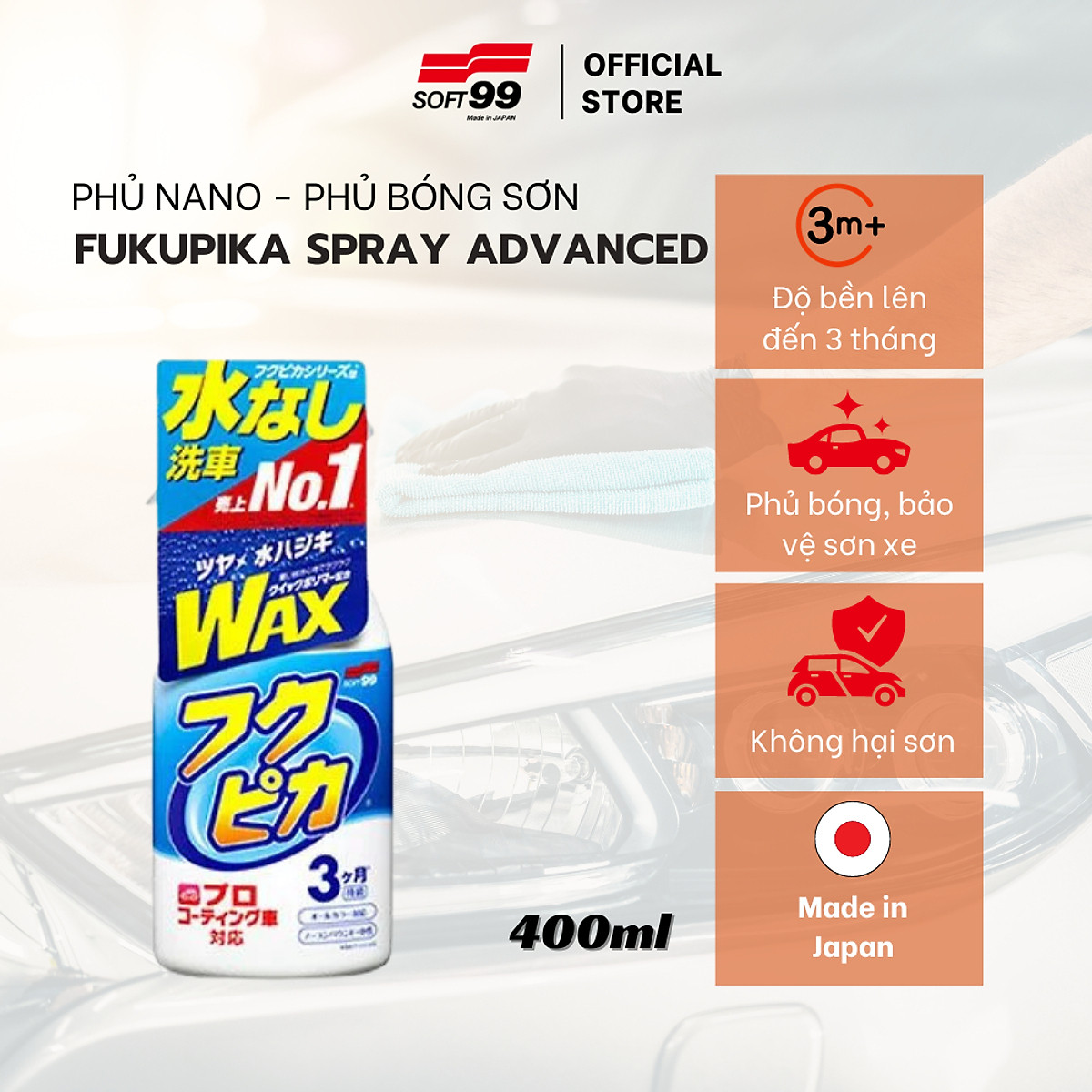 Chai Xịt Vệ Sinh Và Phủ Bóng Sơn Xe Ô Tô Fukupika Spray Advance (3 Tháng) Soft99 W-541