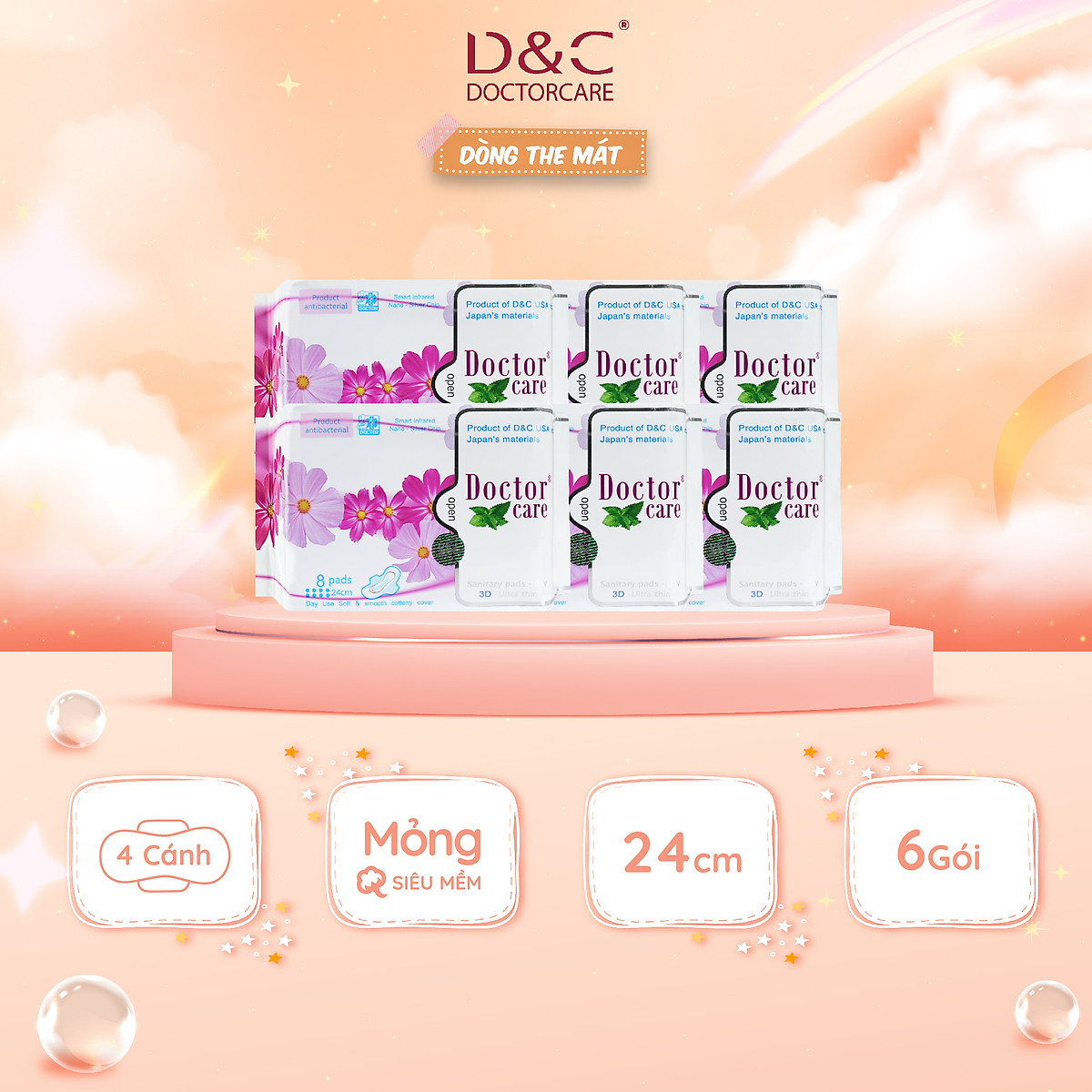 Combo 6 Băng vệ sinh thảo dược Doctor Care, BVS ban ngày 24cm siêu khô thoáng cả ngày dài