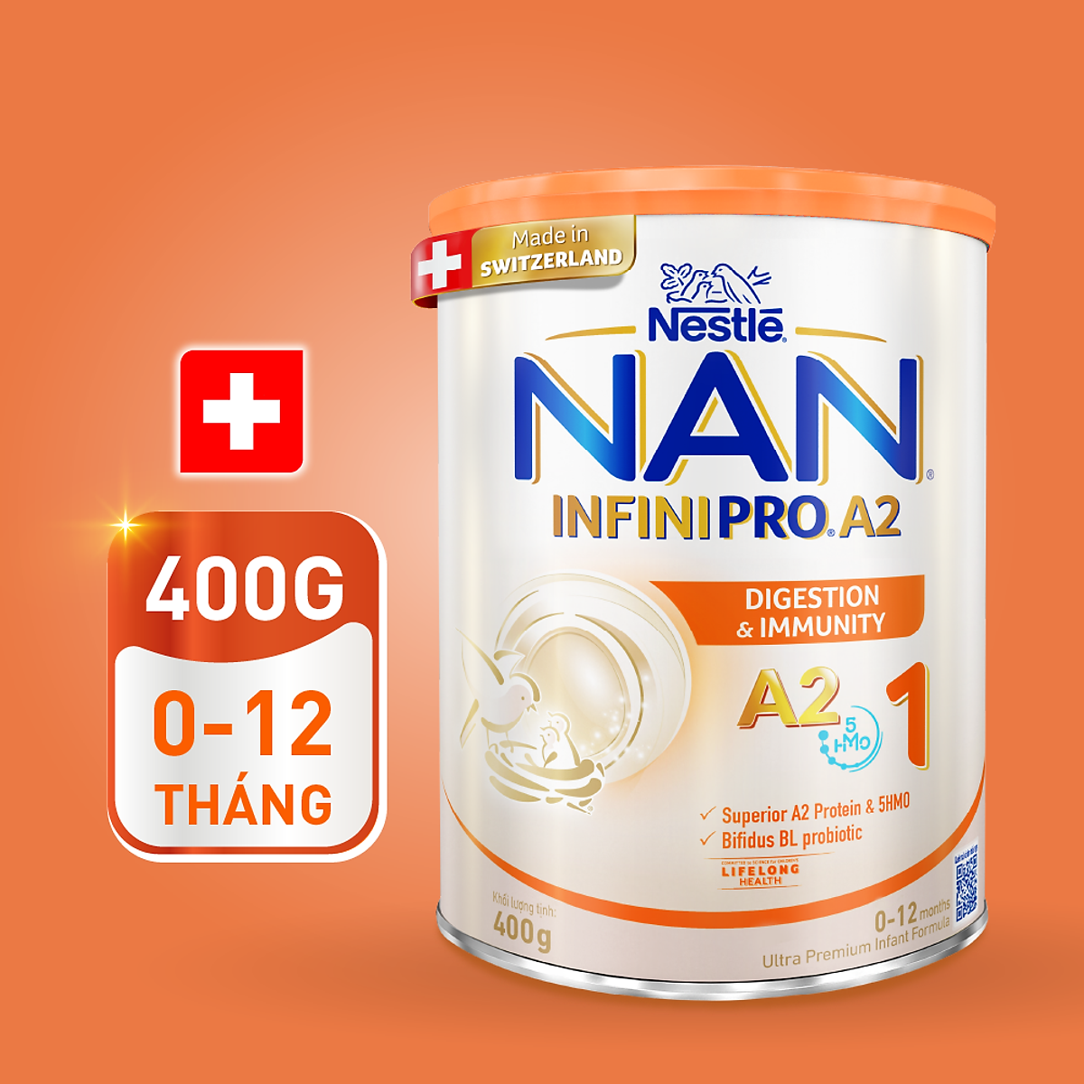 Sữa bột NAN INFINIPRO A2 Thụy Sĩ 1 400g với sự kết hợp độc đáo giữa đạm quý A2 và 5HMO (0 - 12 tháng)