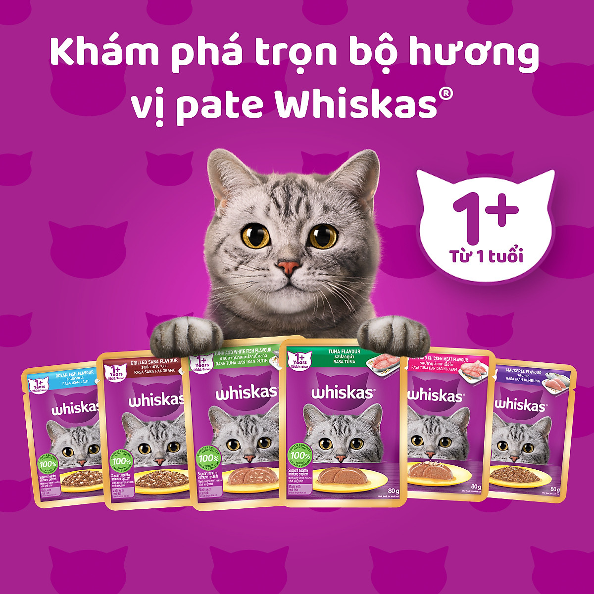 Thức Ăn Cho Mèo WHISKAS 1+ years Vị Cá Ngừ 80g/Gói