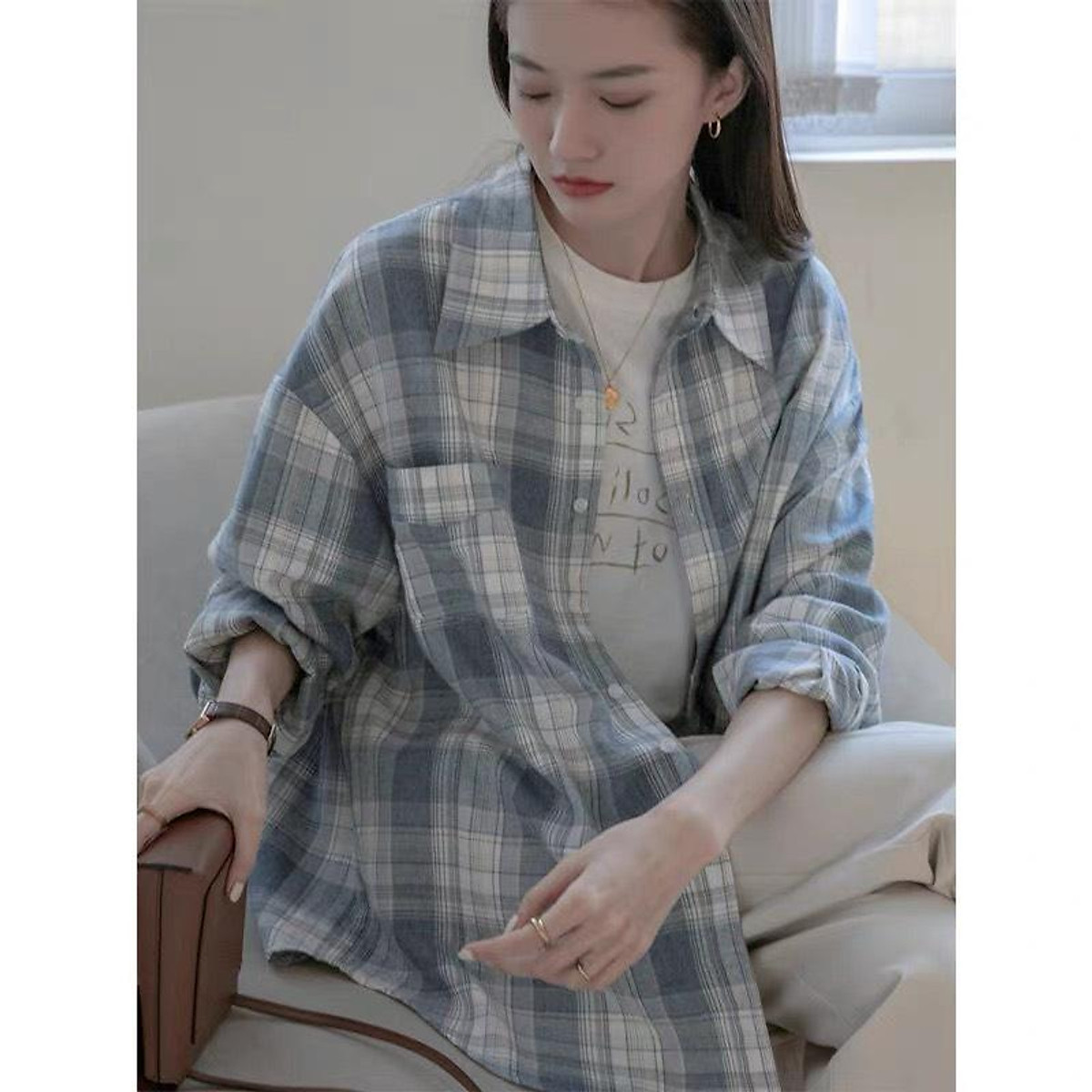Mua Áo Sơ Mi Nam Nữ, Form Rộng Kẻ Sọc Caro Xanh - Áo Sơ Mi Form Rộng Dài  Tay, Chất Thô Dạ Cổ Bẻ Oversize | Tiki