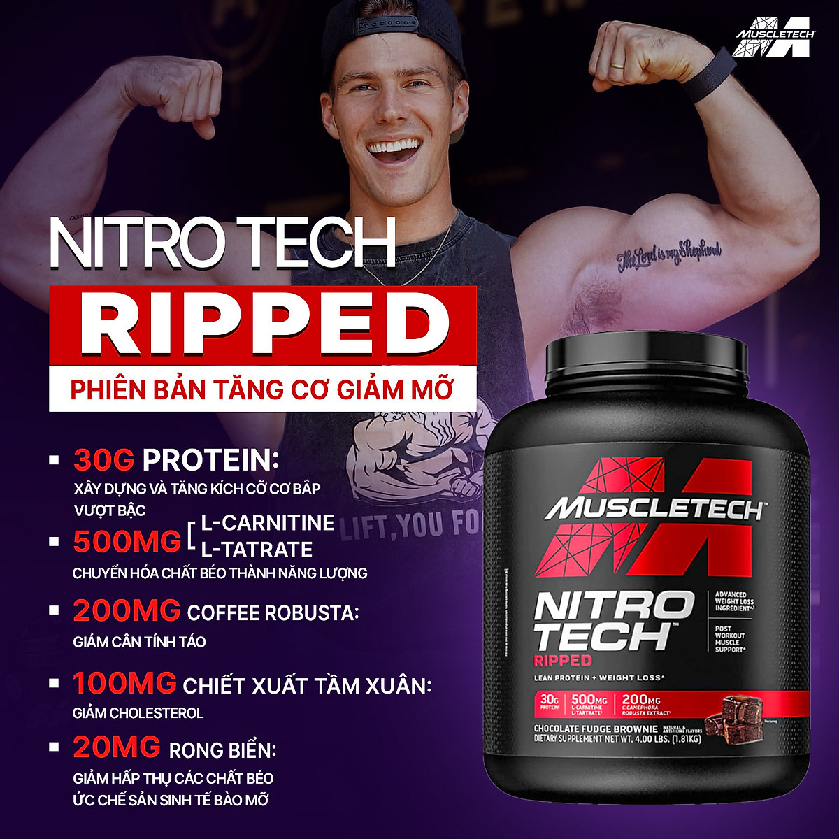 Sữa Tăng Cơ, Giảm Mỡ Nitro Tech Ripped - Hộp 4lbs (1.8g) - Nhiều Vị - Muscletech USA
