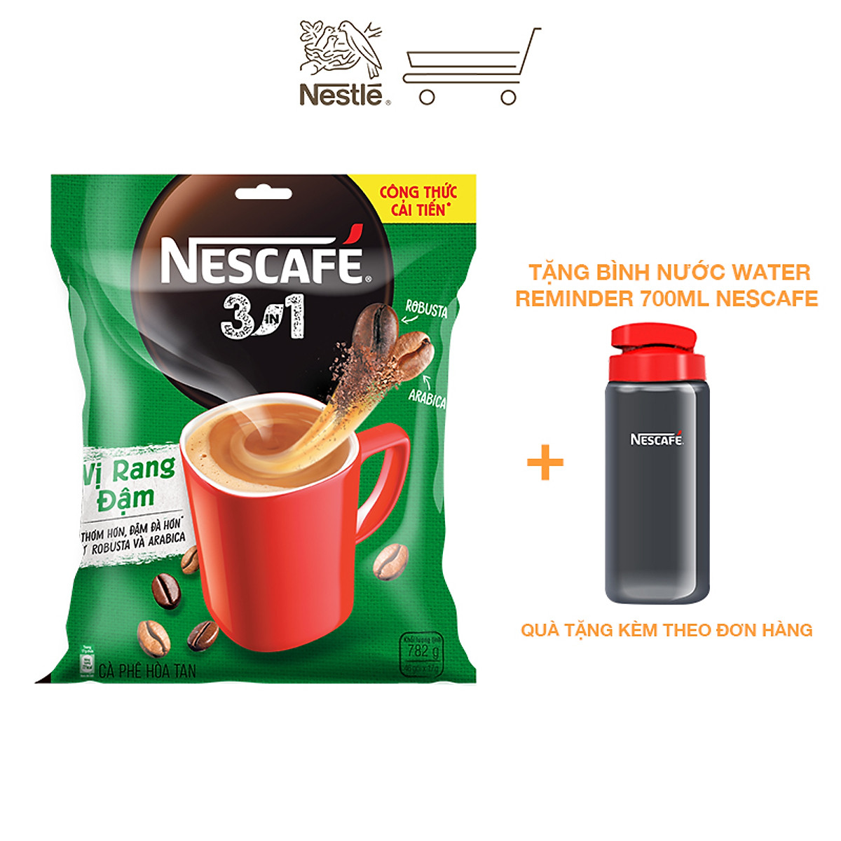 [Tặng bình nước Water Reminder 700ml] Cà phê hòa tan Nescafé 3in1 vị rang đậm - công thức cải tiến (Bịch 46 gói)
