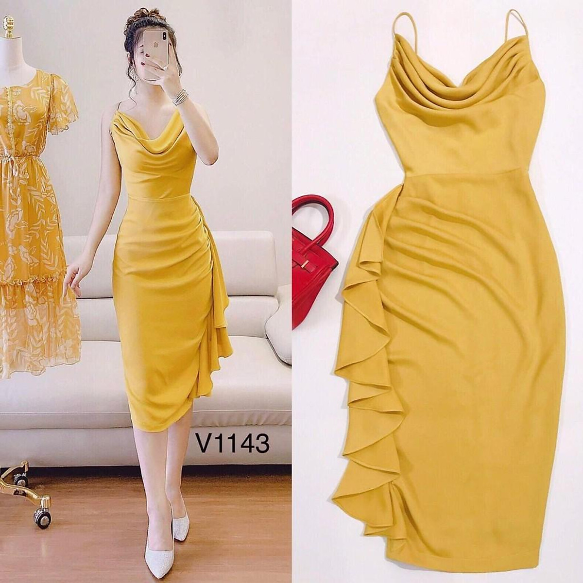 ĐẦM XÒE DỰ TIỆC DẠ HỘI MÀU VÀNG ĐÍNH NƠ DUYÊN DÁNG  TND172