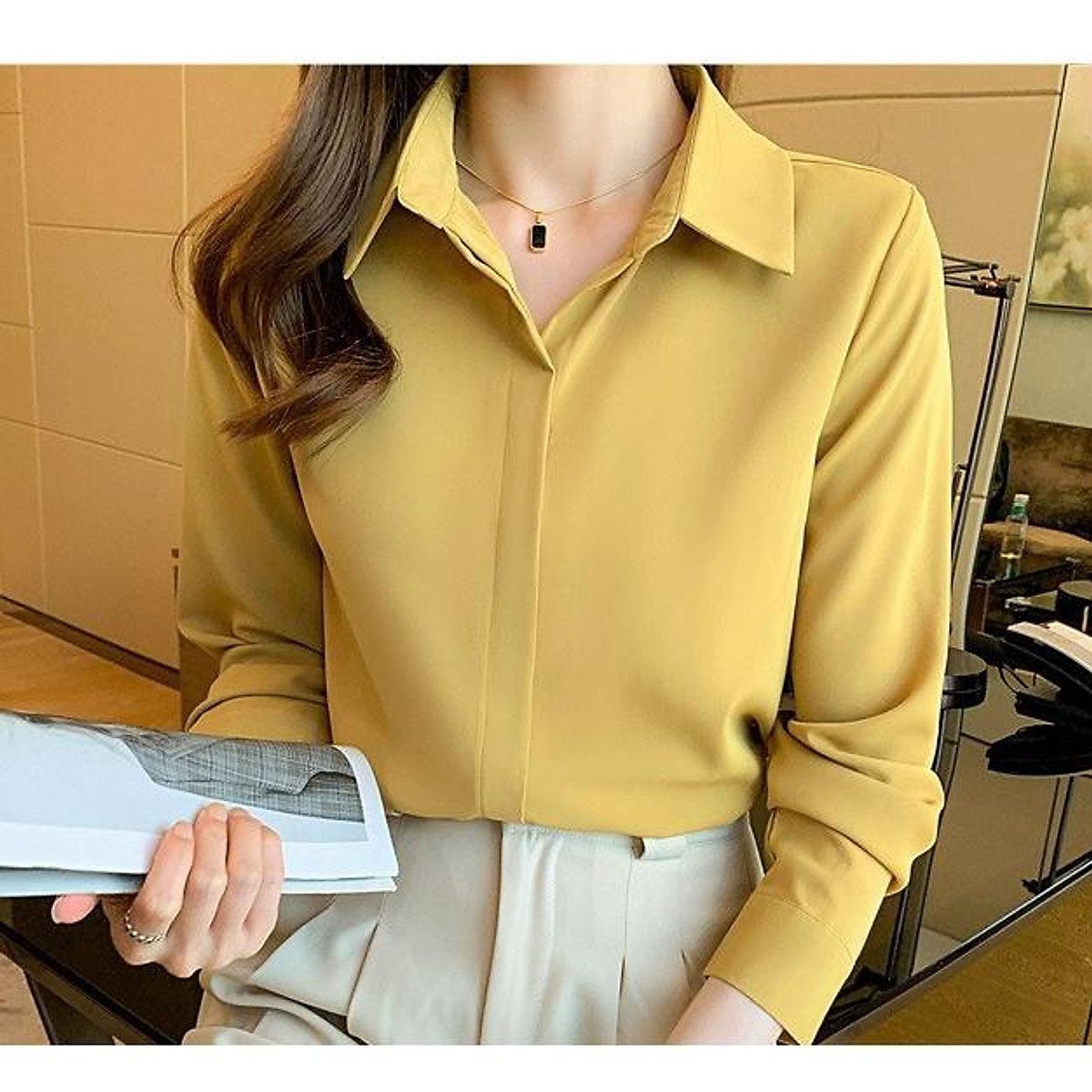 Áo Sơ Mi Nữ Công Sở Màu Vàng Cổ Đức CHIPY Kiểu Hàn Quốc Vintage Ulzzang Áo Sơ Mi Nữ Công Sở Màu Vàng Cổ Đức Chipy Kiểu Hàn Quốc Vintage Ulzzang