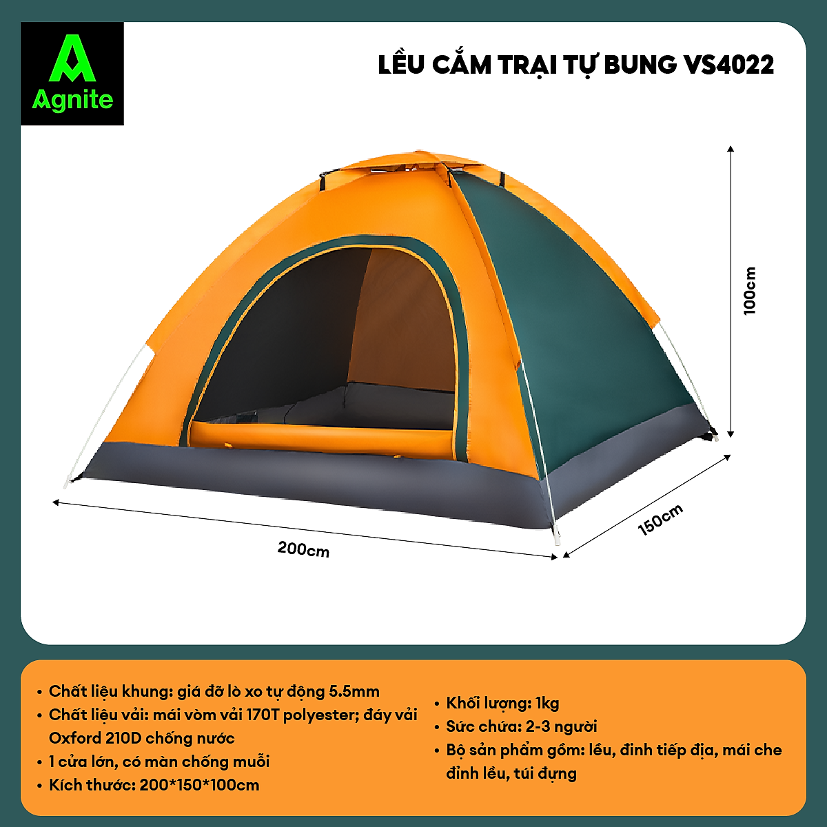 Lều cắm trại Agnite, lều picnic, lều dã ngoại tự bung, lắp và tháo dễ dàng nhanh chóng, nhiều mẫu mã, kích thước
