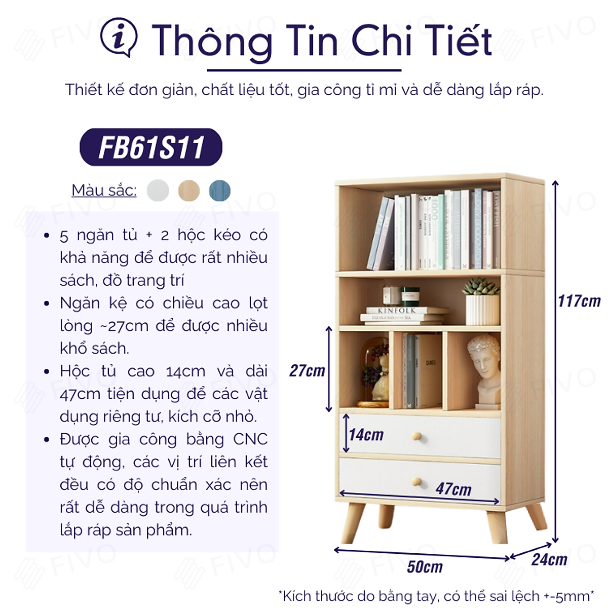 Tủ Kệ Sách Gỗ Đa Tầng 4 Chân Cao Cấp FIVO Mẫu FB61 Nội Thất Lắp Ráp Đơn Giản, Nhiều Ngăn Rộng Rãi