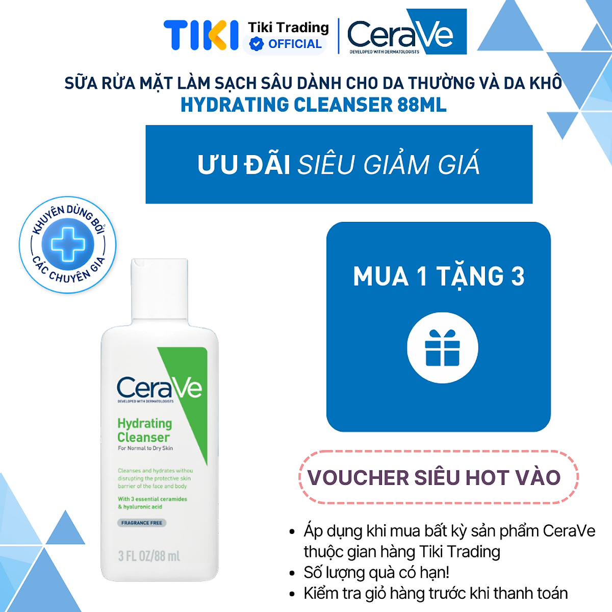 Sữa rửa mặt giúp làm sạch sâu dành cho da thường và da khô CeraVe Hydrating Cleanser