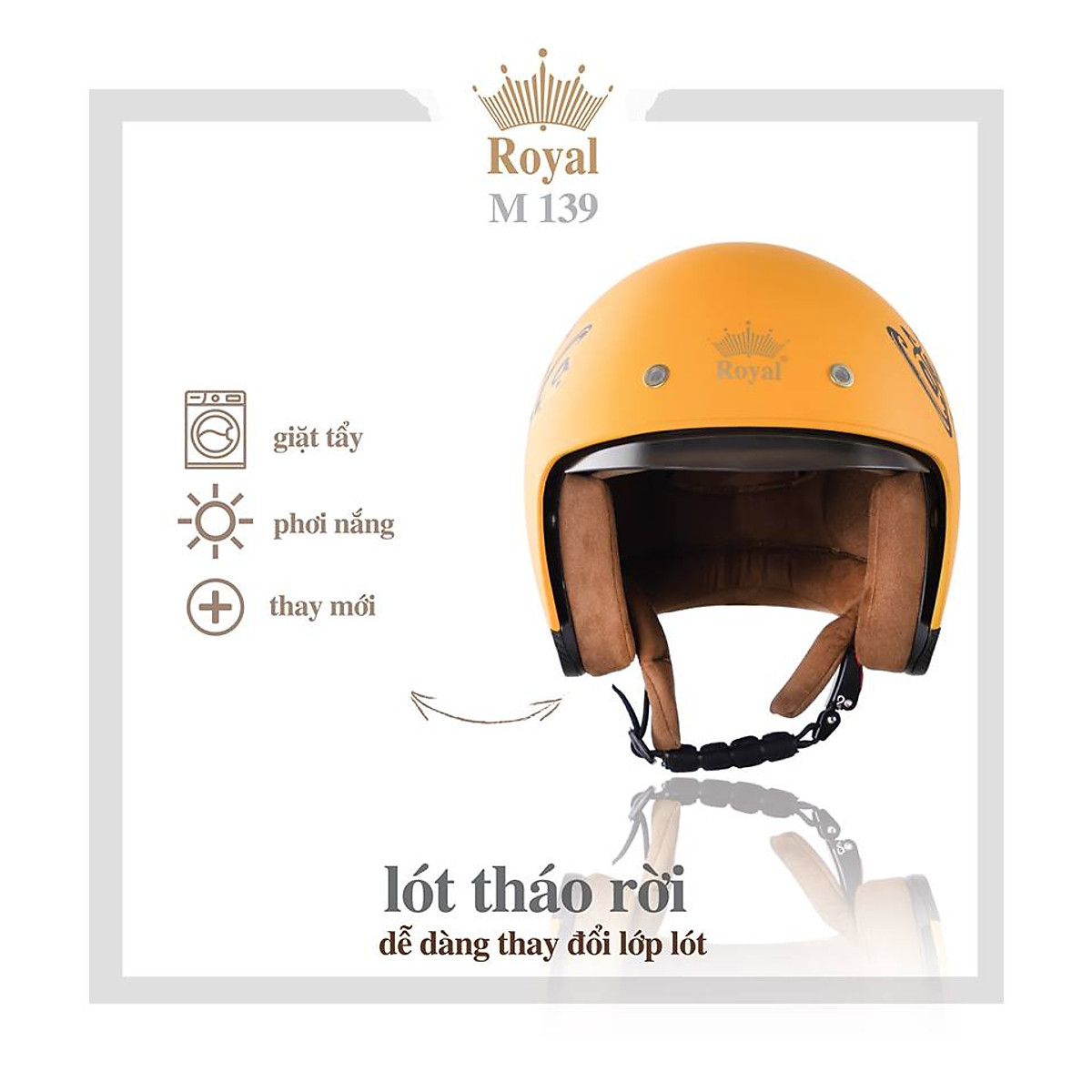 Nón bảo hiểm 3/4 kính âm Royal M139 Vàng Cam Nhám tem V7 Cafe Racer cao cấp Lót tháo rời, che hết mặt