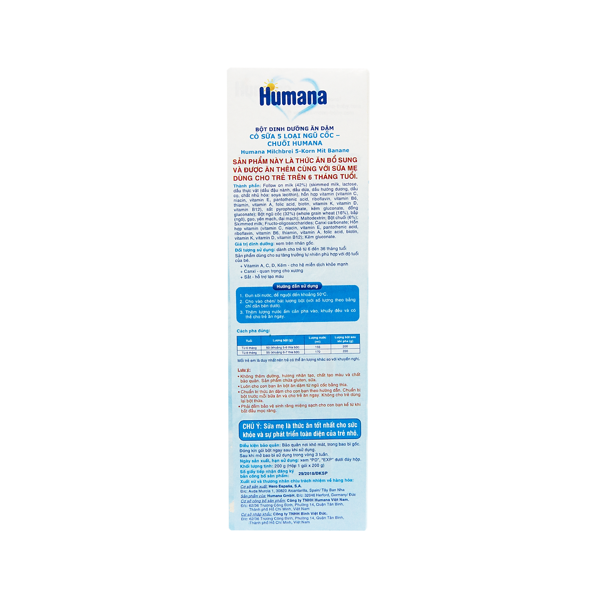 Bột ăn dặm dinh dưỡng Humana 5 loại ngũ cốc và chuối MILK CEREAL 5 – CEREALS WITH BANANA- Nhập khẩu 100% từ Đức.