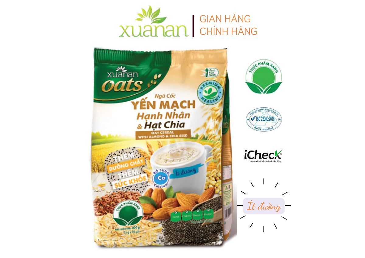 Ngũ Cốc Yến Mạch Hạnh Nhân Hạt Chia Xuân An [ít đường] Túi 400G {25g*16 gói}(Tặng Kèm 1 Túi Yến Mạch 150G)