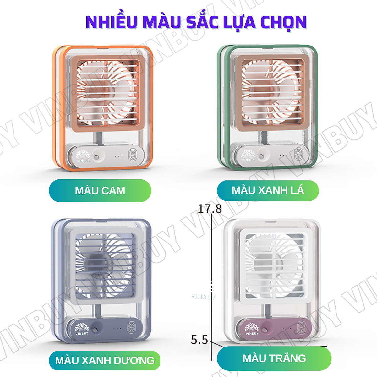 Quạt điều hòa hơi nước mini làm mát không khí để bàn nhỏ gọn, phun sương mạnh nhiều chế độ có bình đựng nước, nốt chạm cảm ứng, pin sạc tích điện, có đèn - Hàng chính hãng VinBuy
