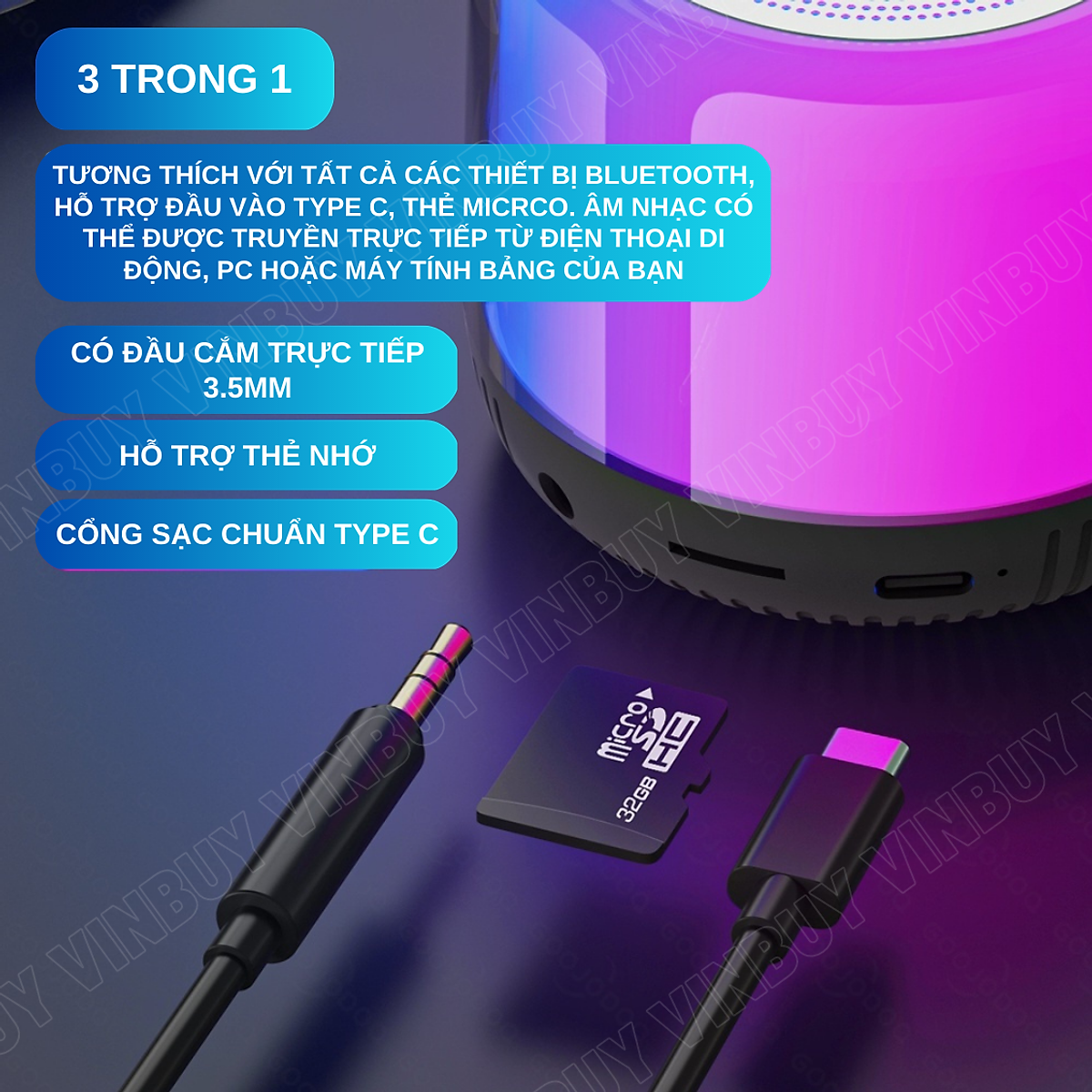 Loa bluetooth mini không dây wireless TWS HiFi loa nghe nhạc âm trầm bass mạnh có đèn RGB đổi màu theo nhạc, hỗ trợ thẻ nhớ - Hàng chính hãng VinBuy