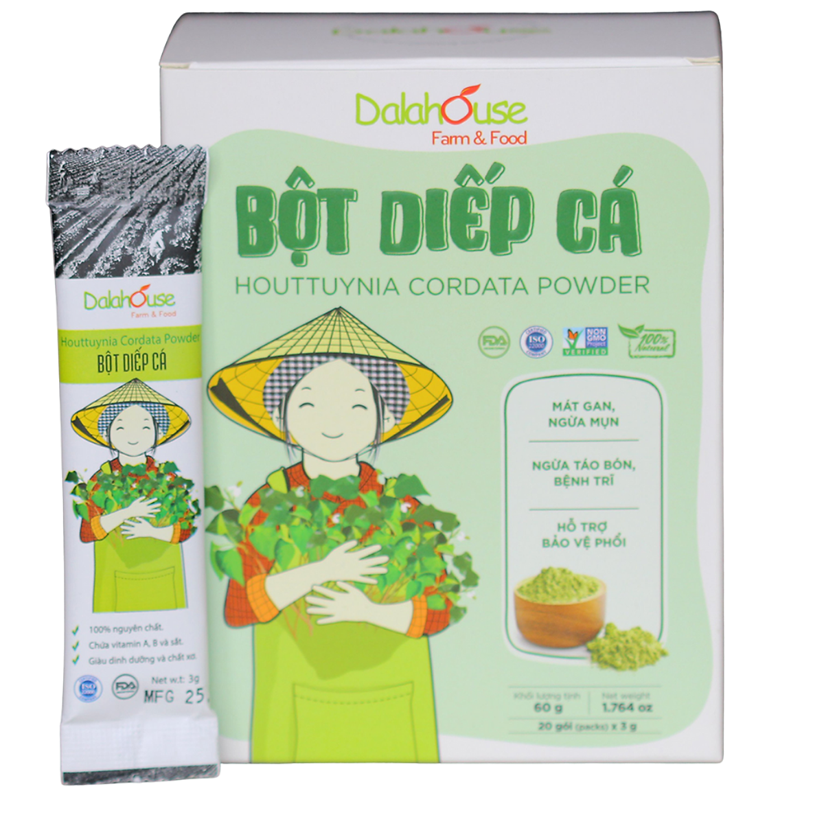 Bột Diếp Cá hữu cơ nguyên chất sấy lạnh Dalahouse - Hộp 20 gói nhỏ 3gr định lượng sẵn cho 1 lần sử dụng - Mát Gan, ngừa mụn, ngừa trĩ và táo bón. Hỗ trợ bảo vệ Phổi