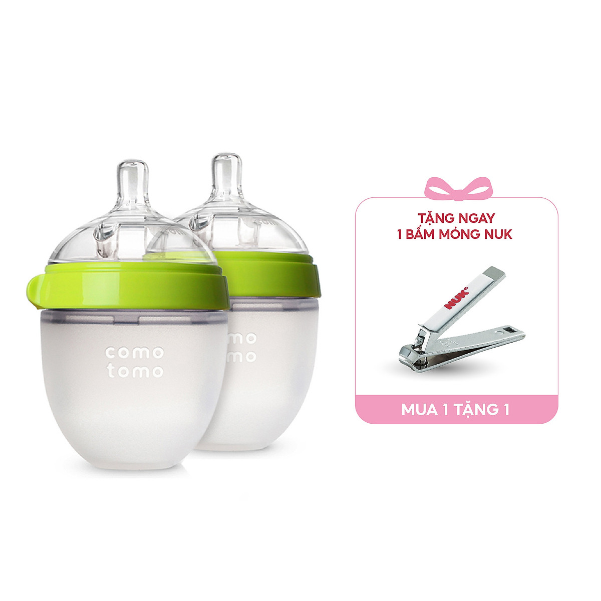 Bộ hai bình sữa silicone Comotomo 150ml - Xanh Tặng Bấm móng sơ sinh NUK