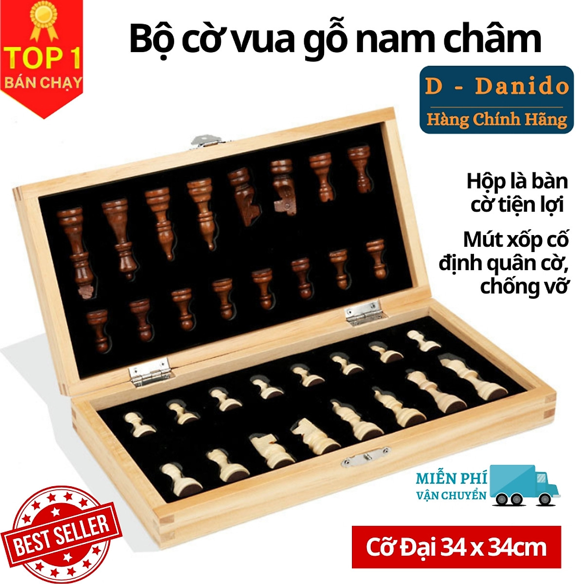 Bàn cờ vua gỗ nam châm cao cấp - Bộ cờ vua nam châm 29cm - 34cm - 39cm bằng gỗ thông tự nhiên chính hãng D Danido