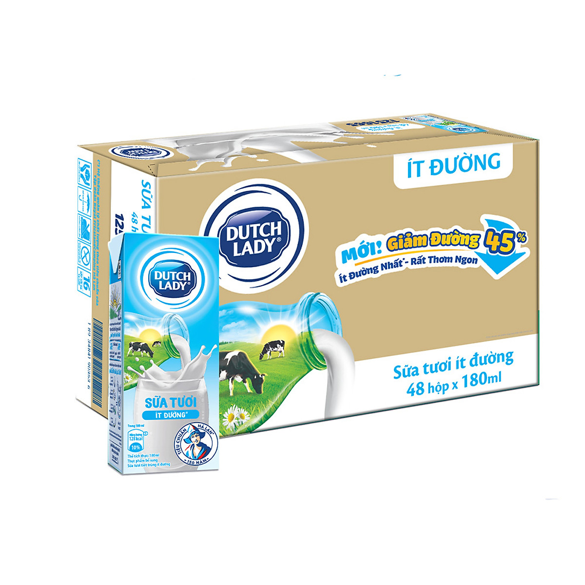 Thùng 48 Hộp Sữa Tươi Tiệt Trùng Dutch Lady Cô Gái Hà Lan ít đường 180ml