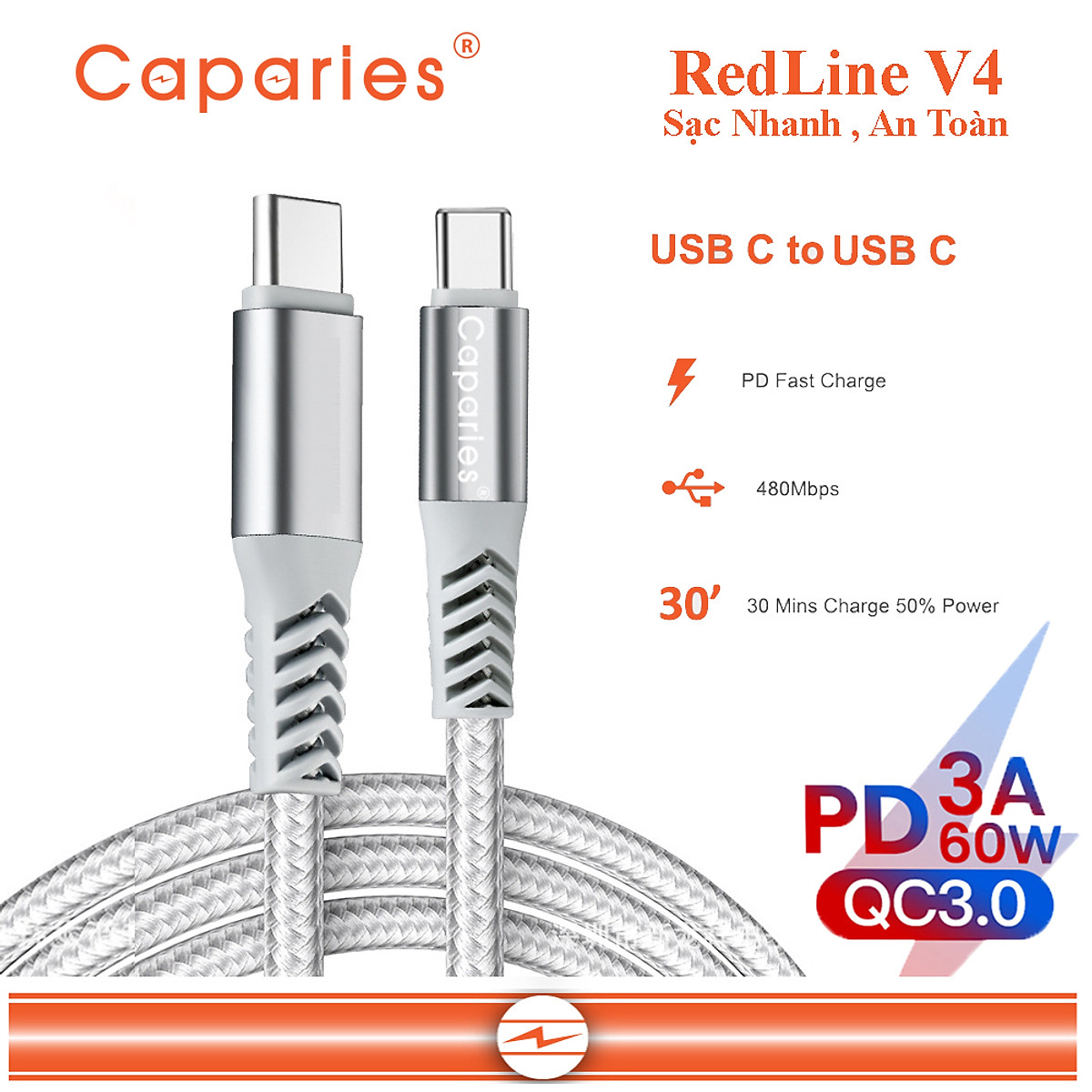 Dây Cáp Sạc 60W USB Type C To Type C Chuẩn QC 3.0  Caparies Redline V4 - Hàng Chính Hãng