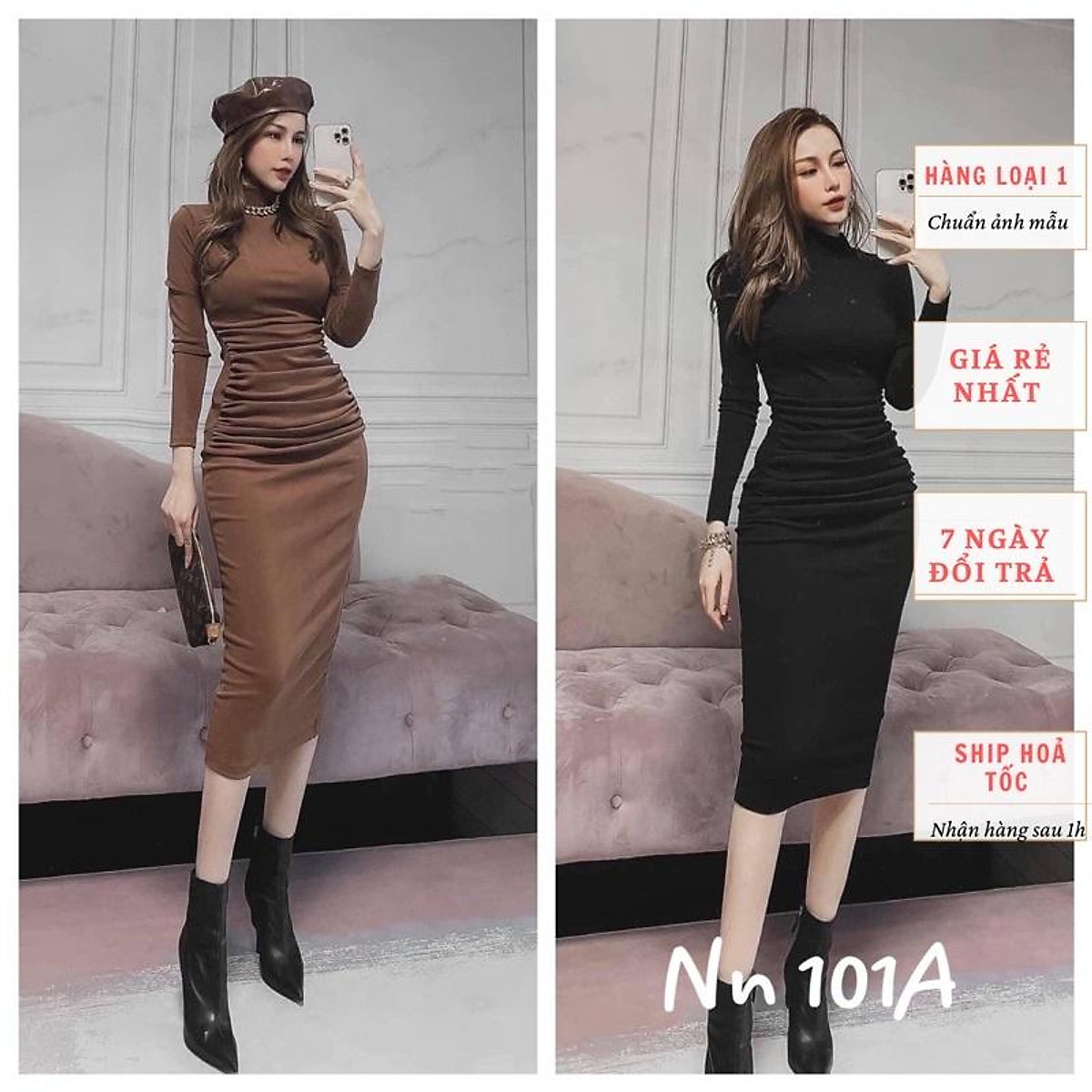 Váy body nhăn hồng nhún hông  3706