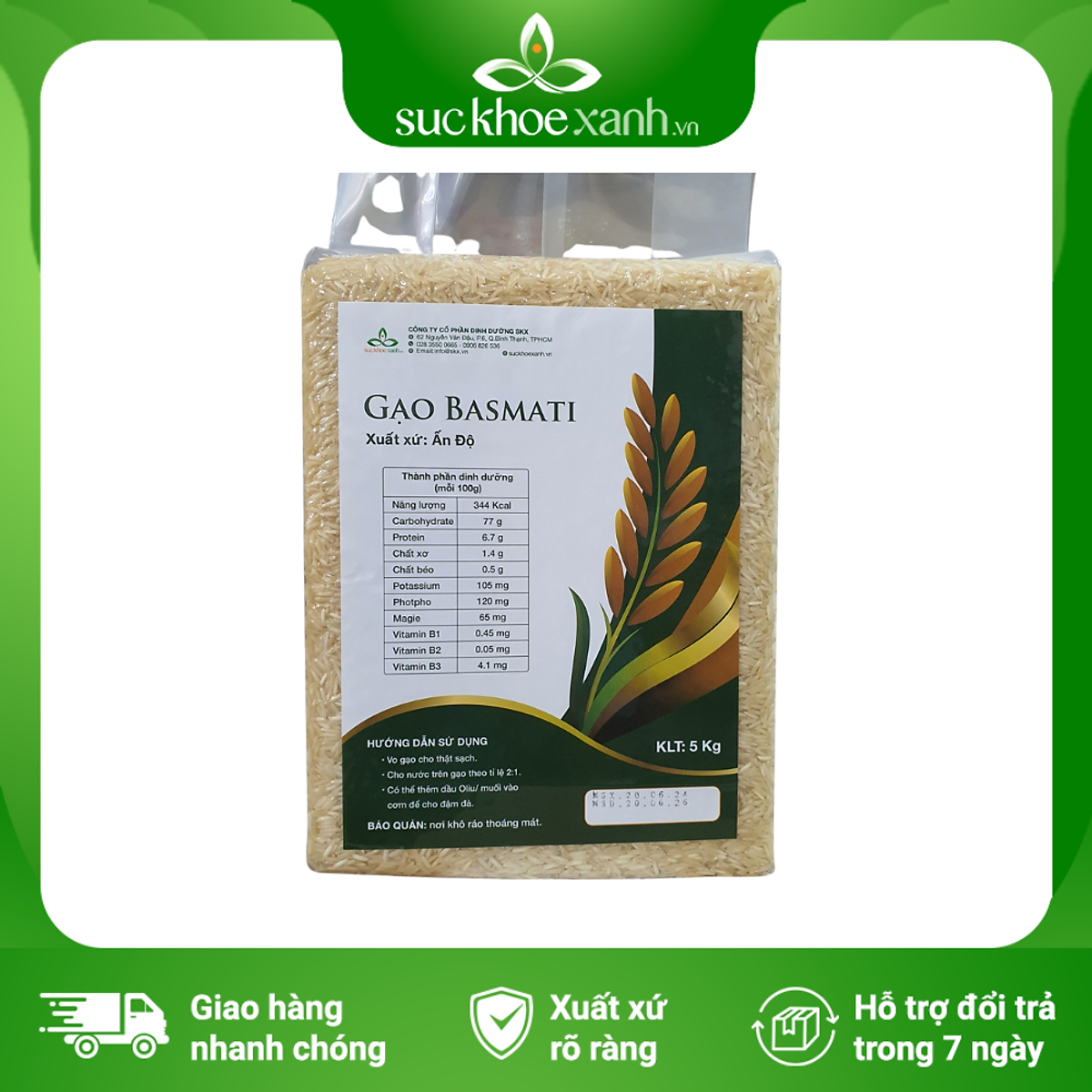 Gạo Basmati India (Ấn Độ), chỉ số đường huyết (GI) thấp, tốt cho người bị tiểu đường, Túi 5kg