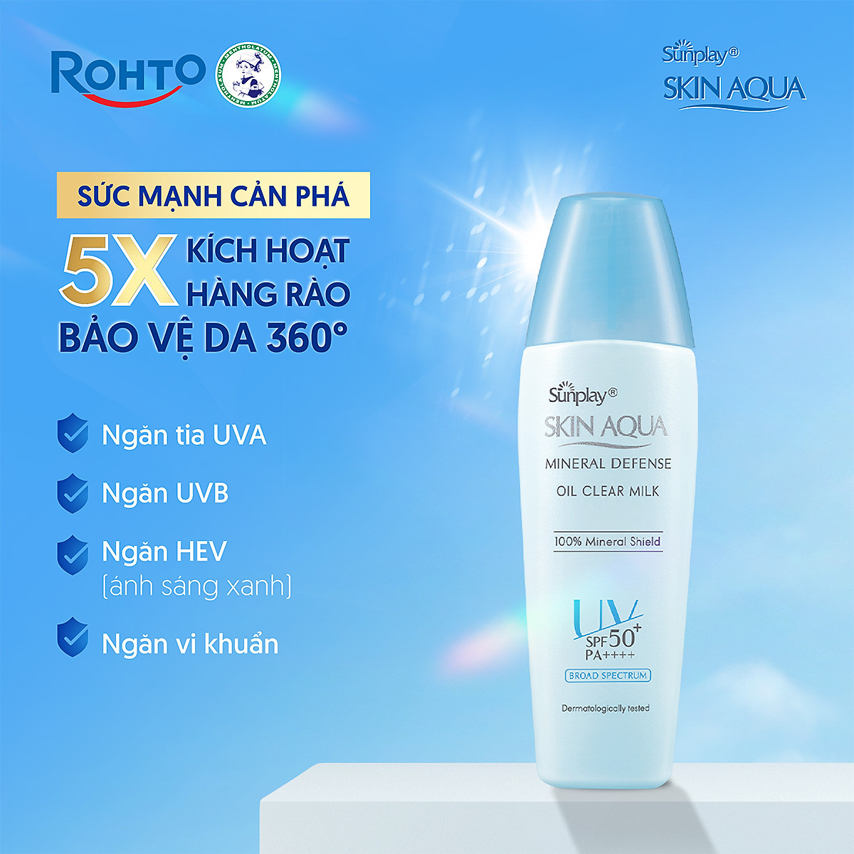 Kem chống nắng vật lý Skin Aqua kiềm dầu, dạng sữa dùng hàng ngày Sunplay Skin Aqua Mineral Defense Oil Clear Milk SPF50+ PA++++ 25g