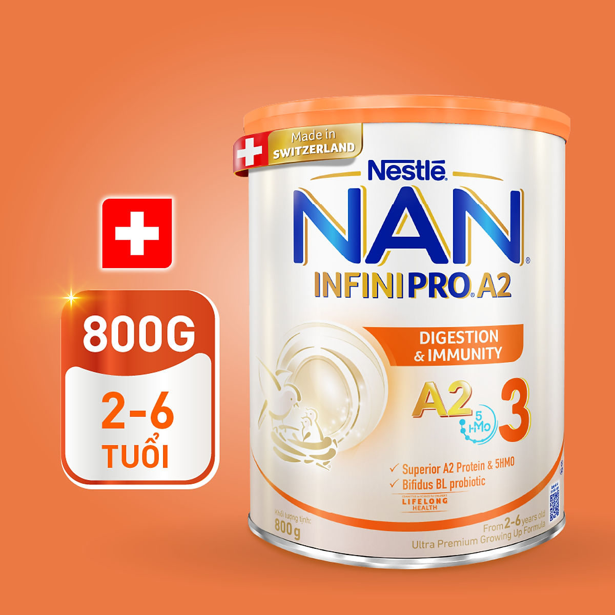 Bộ 2 Lon Sữa bột NAN INFINIPRO A2 800g Thụy Sĩ 3 với đạm quý A2 tiêu hóa tốt sau 7 ngày và 5HMO tăng cường đề kháng (2 - 6 tuổi)