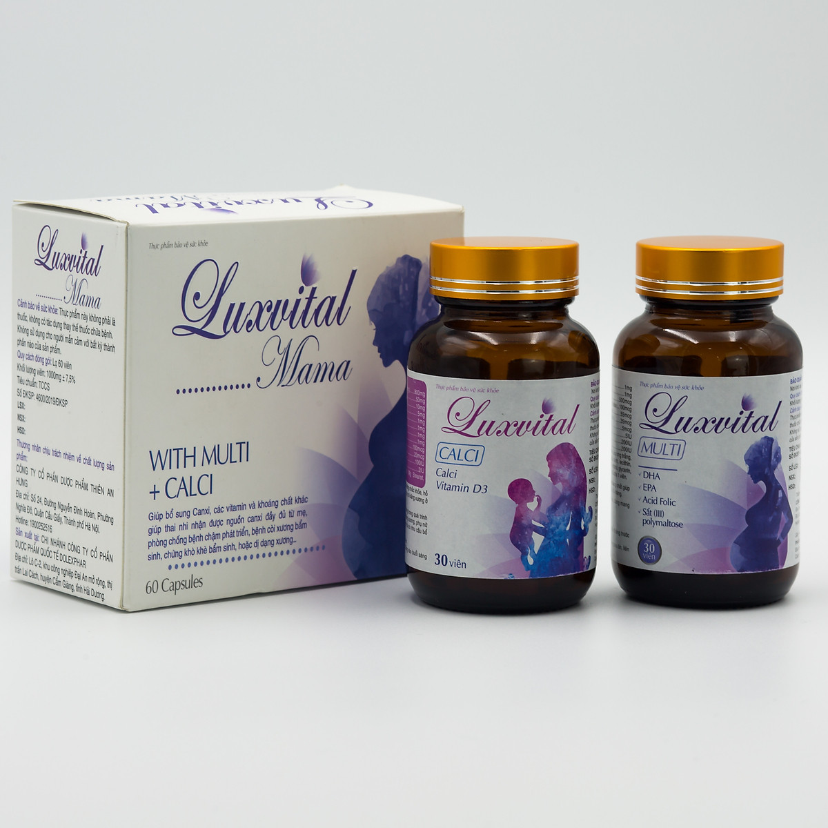 Hai hộp thực phẩm Luxvital Multi và Luxvital Calci bổ sung dinh dưỡng cho mẹ và bé