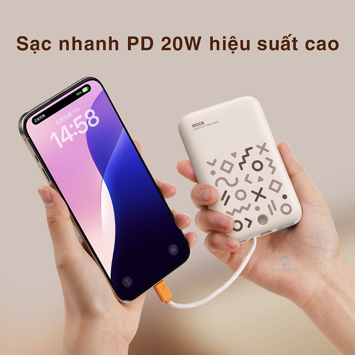 Pin sạc dự phòng sạc nhanh PD 20W ROCKSPACE P28 10.000 mAh Magnetic PD tích hợp cáp sạc nhanh - Hàng chính hãng bảo hành 12 tháng