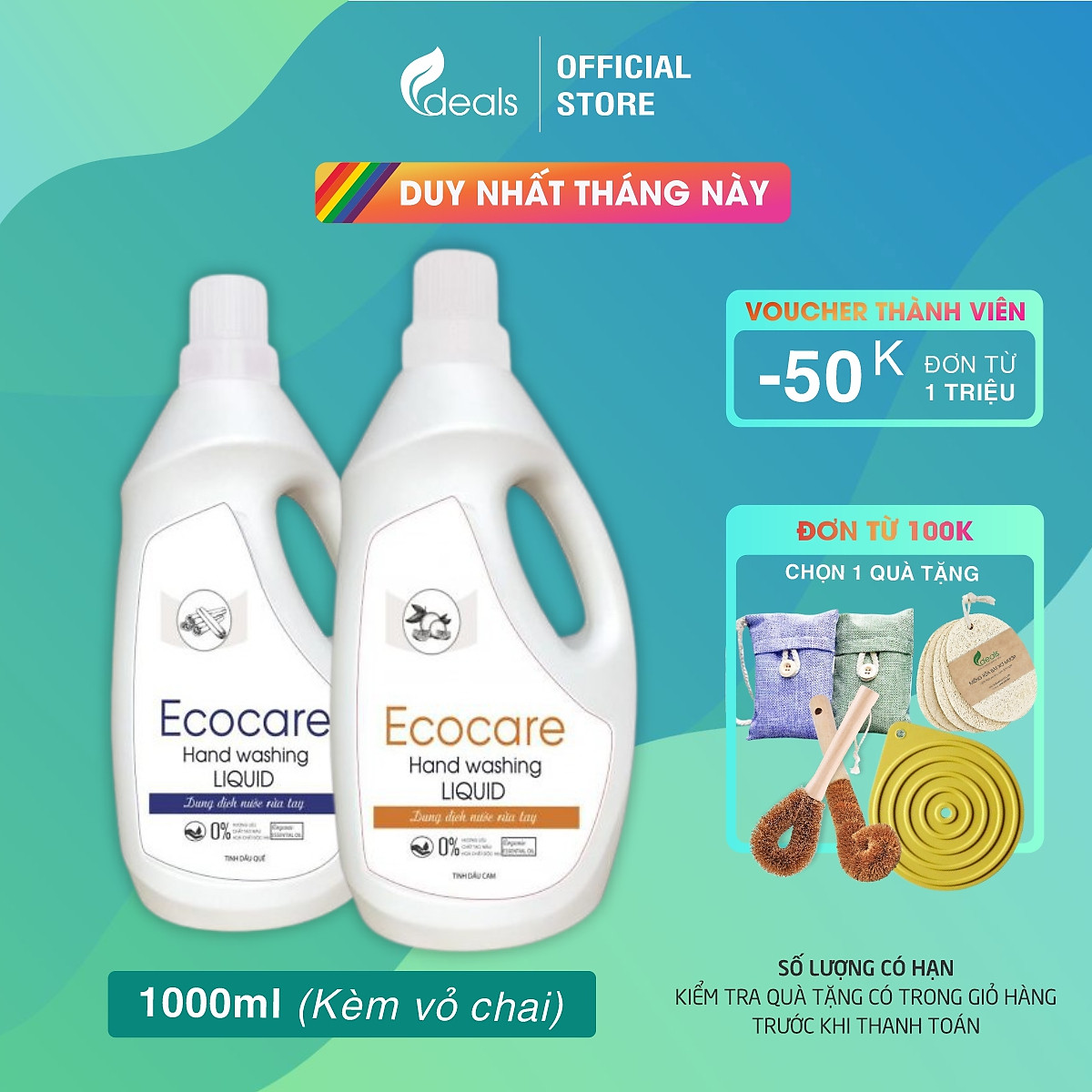 Nước Rửa Tay Bồ Hòn Hữu Cơ ECOCARE 1 lít - Sạch khuẩn, chăm sóc da tay, tinh dầu khử mùi