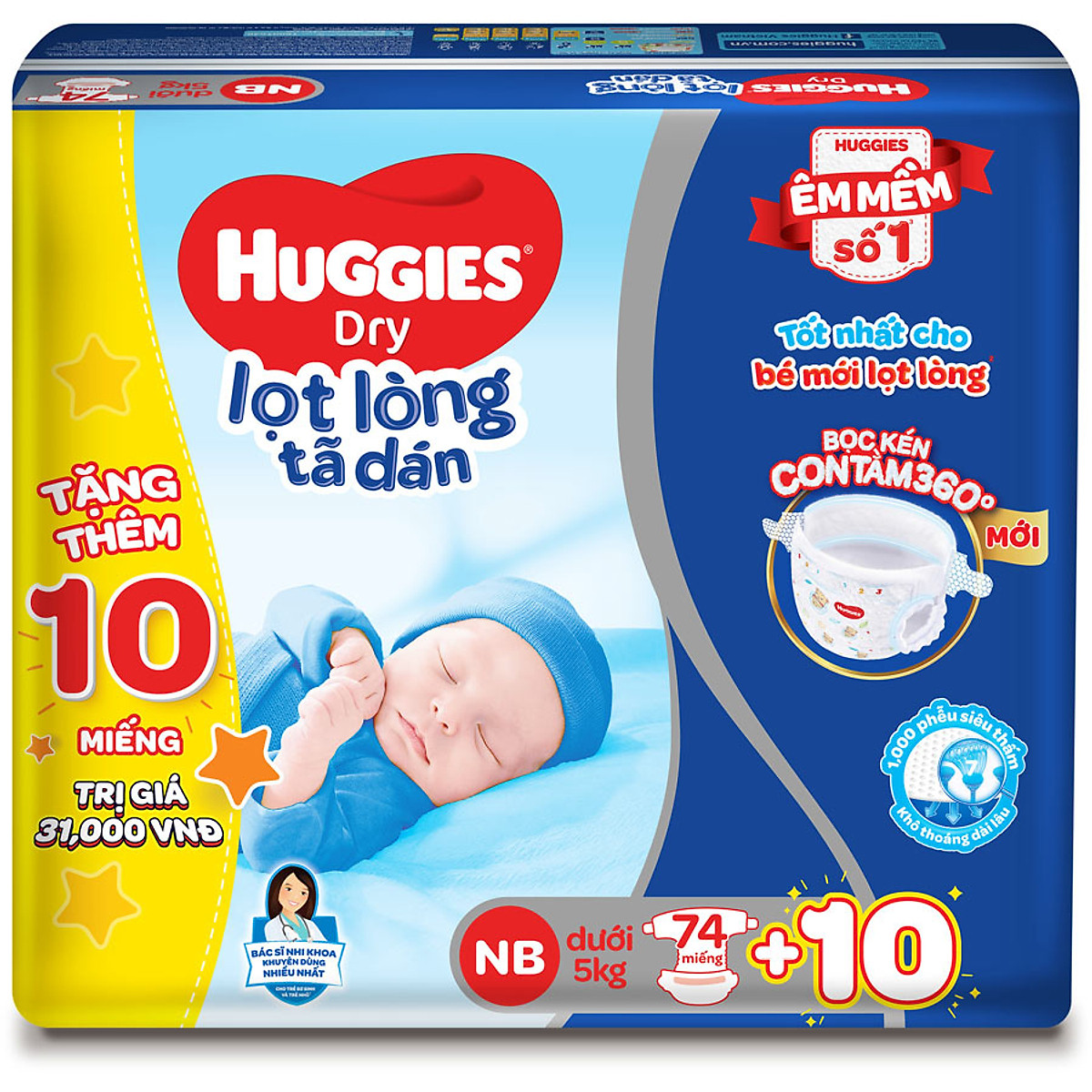 Tã dán sơ sinh Huggies NB74 (dưới 5kg) - Gói 74 miếng + Tặng 10 miếng