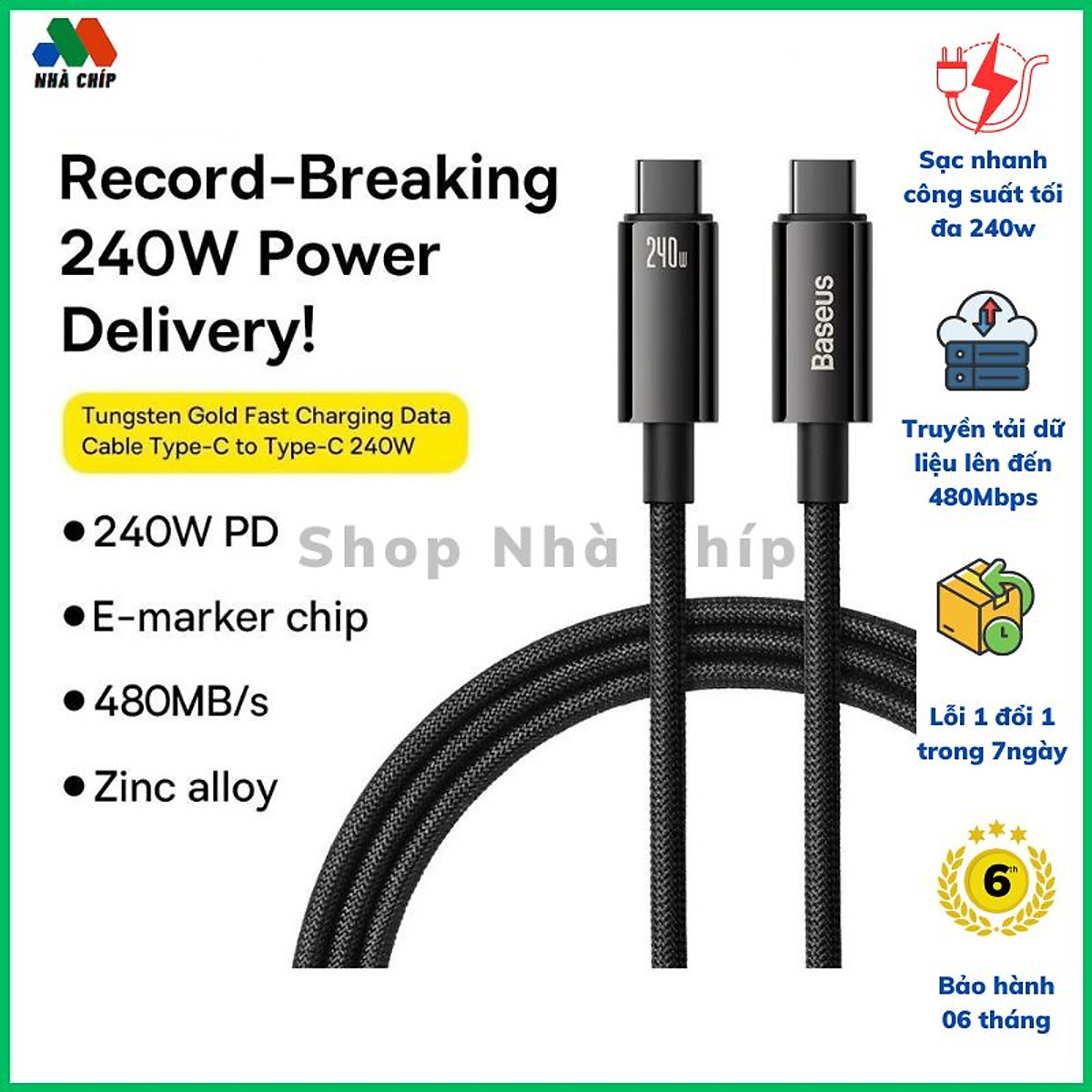 Cáp Sạc Nhanh Baseus Tungsten Gold Type-C to Type-C PD 240W Cho MacBook Samsung S23 Xiaomi iPad Huawei (Fast Charging Data Cable 5A)-Hàng chính hãng
