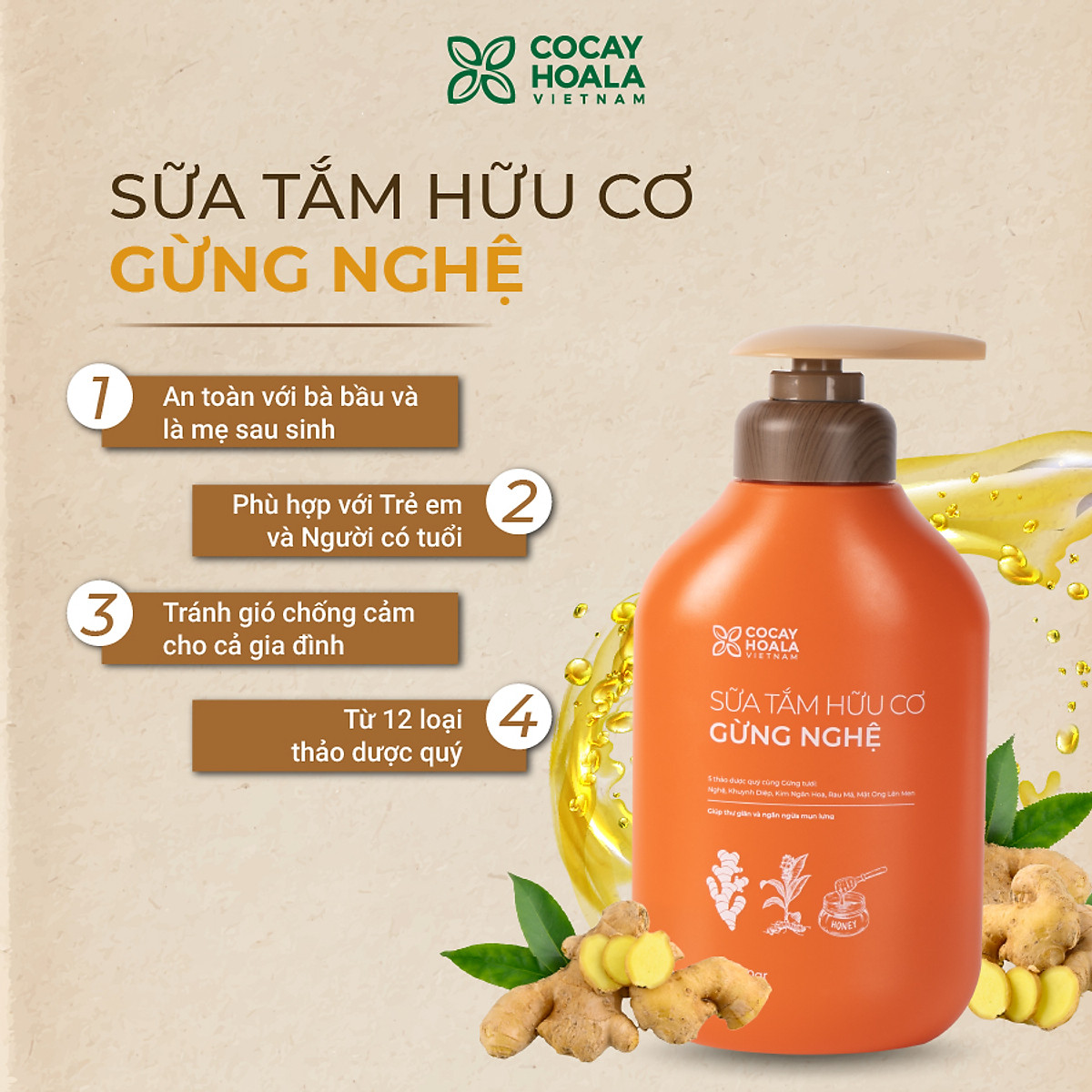 Sữa tắm thảo dược Gừng Nghệ Cỏ Cây Hoa Lá - Chiết Xuất Từ 9 Loại Thảo Dược Quý - Phòng Cảm, Tránh Gió, Dưỡng Da - Cho Con Cho Mẹ, Cho Đại Gia Đình, chai 500gr