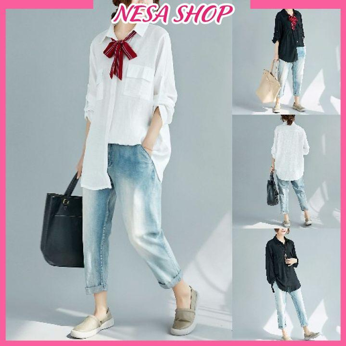 Áo sơ mi nữ dài tay, áo form rộng, chất liệu Đũi tơ mềm mịn, sơ mi nữ đẹp, NeSa Shop AKH.47