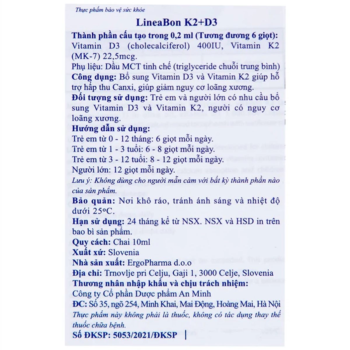 Lineabon Vitamin D3 K2 giúp bé cao lớn, ngủ ngon, giảm còi xương cho trẻ sơ sinh 10ml (dạng nhỏ giọt)